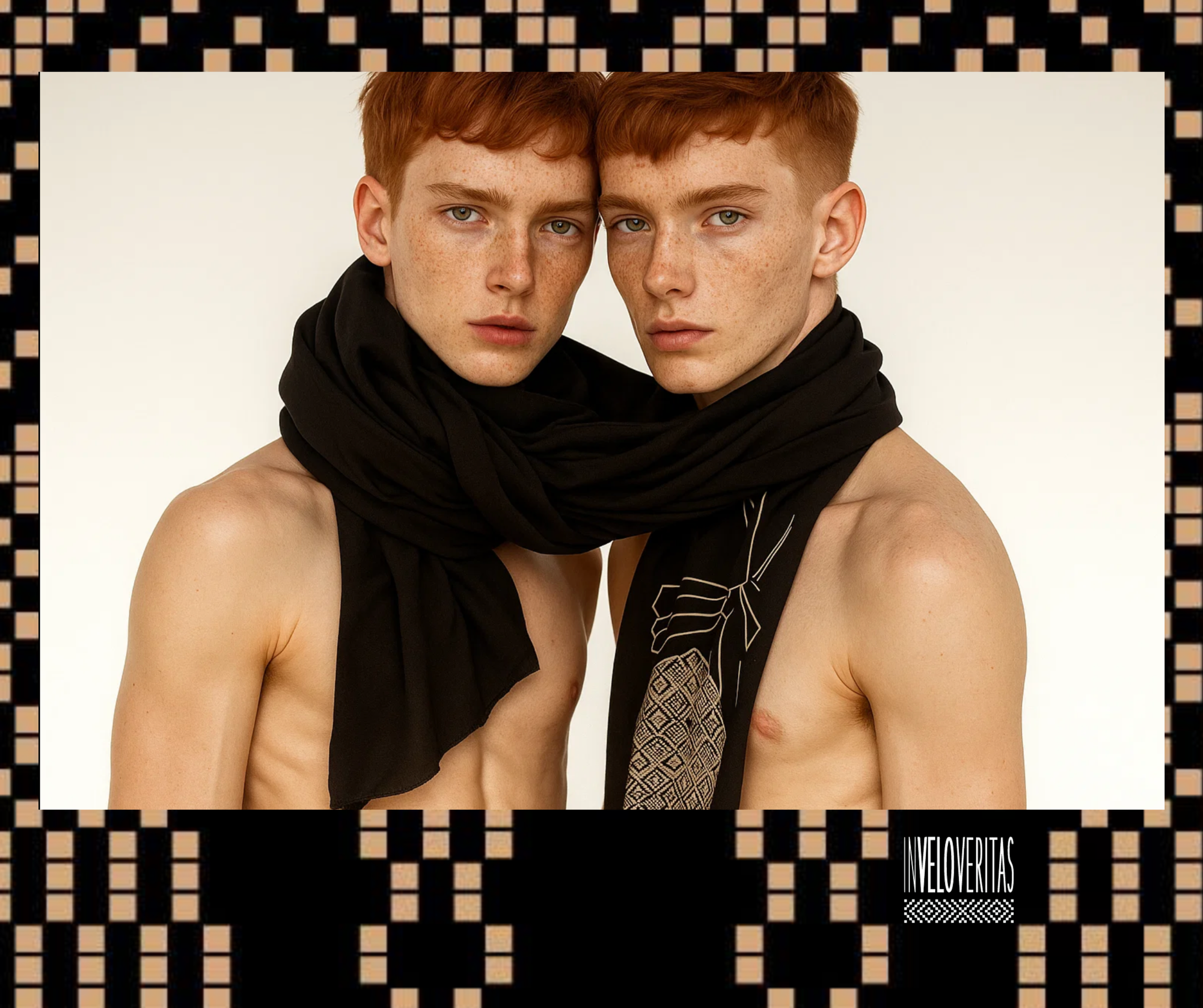 Campagna pubblicitaria per un brand di lusso con due ragazzi con capelli rossi e pelle chiara posano senza maglietta, avvolti da una sciarpa nera, sfondo bianco, titolo 'Invelovertas' in basso a destra.