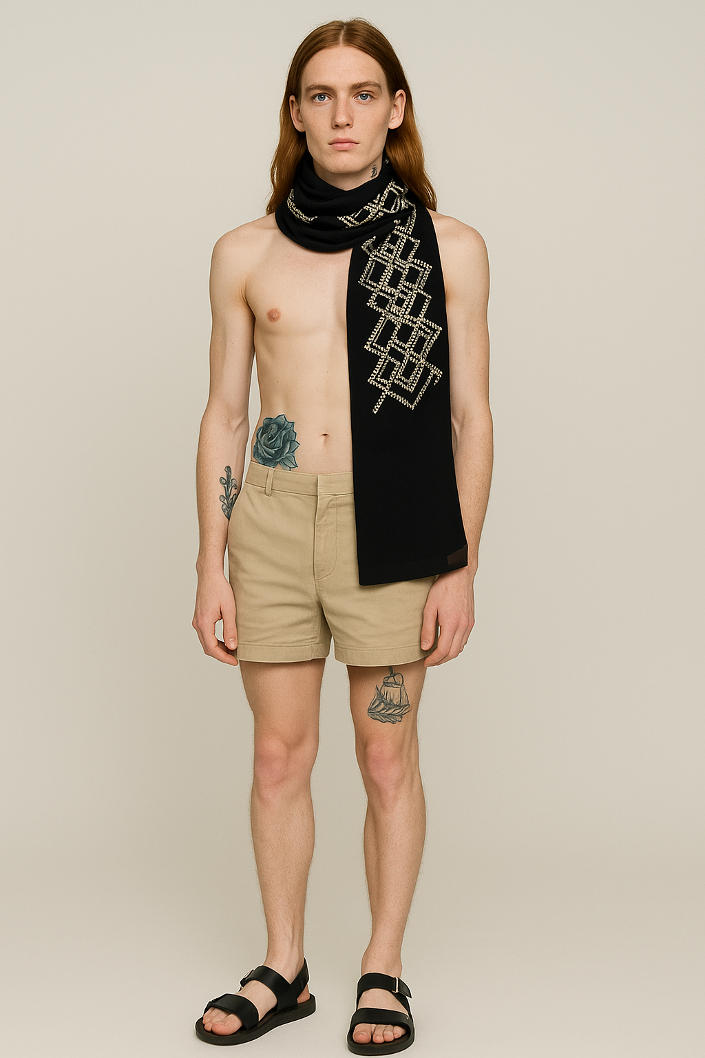 Uomo senza maglietta con tatuaggi, indossa pantaloncini beige, sandali neri, e ha una sciarpa nera con dettagli geometrici