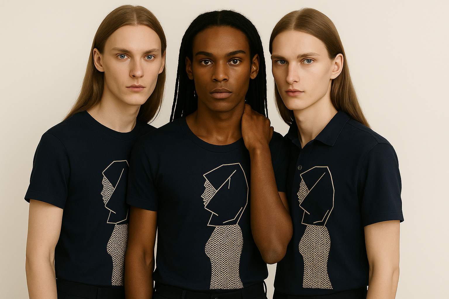 Tre persone con capelli lunghi e vestiti neri con disegni di volti stilizzati, che stanno in piedi contro uno sfondo neutro.