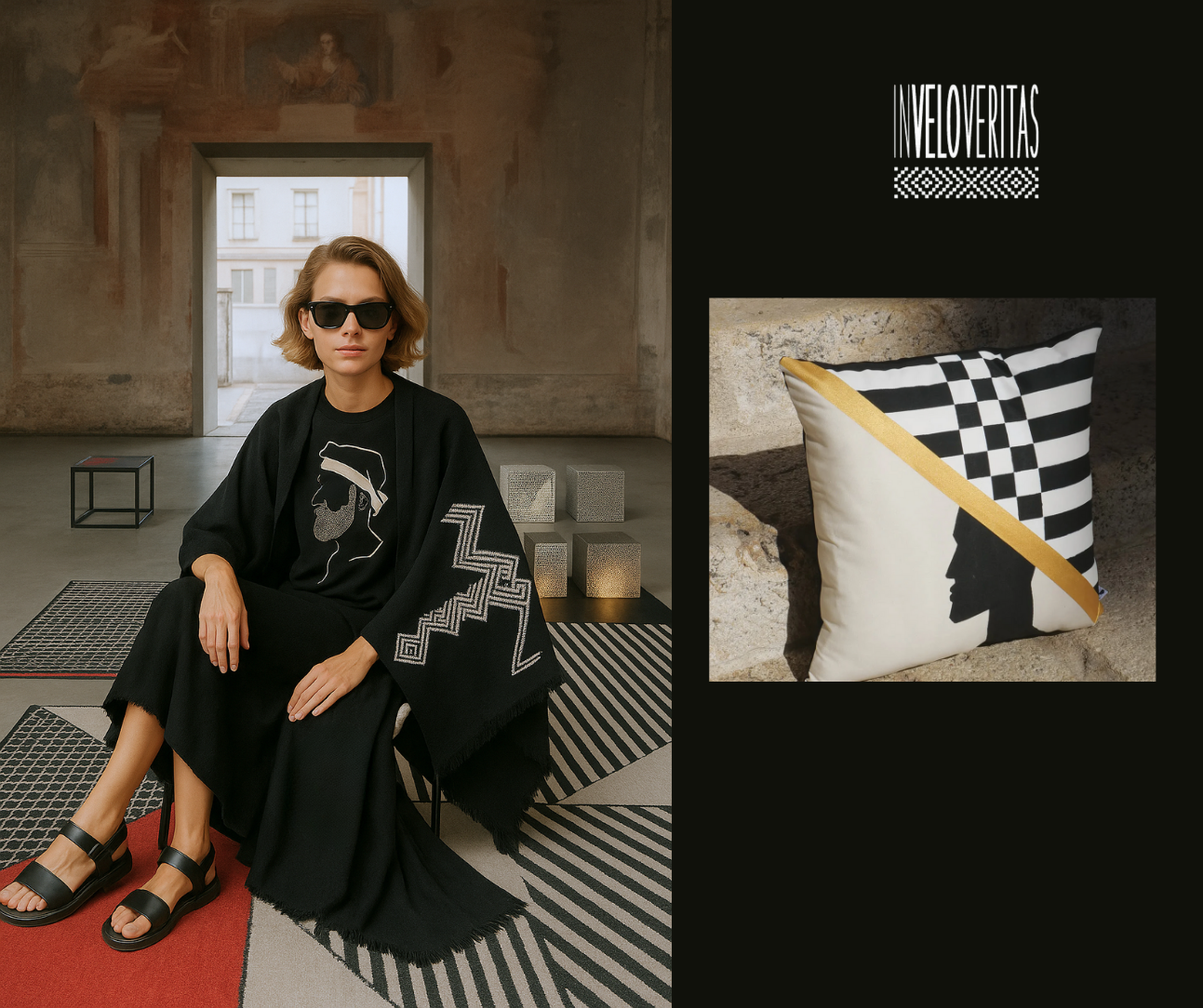 Una donna seduta su una sedia in un ambiente artistico con pareti affrescate, indossa occhiali da sole neri, una maglietta con un disegno e un cappotto nero con decorazioni geometriche, cammina con sandali neri con braccialetto. A destra, un'illustra