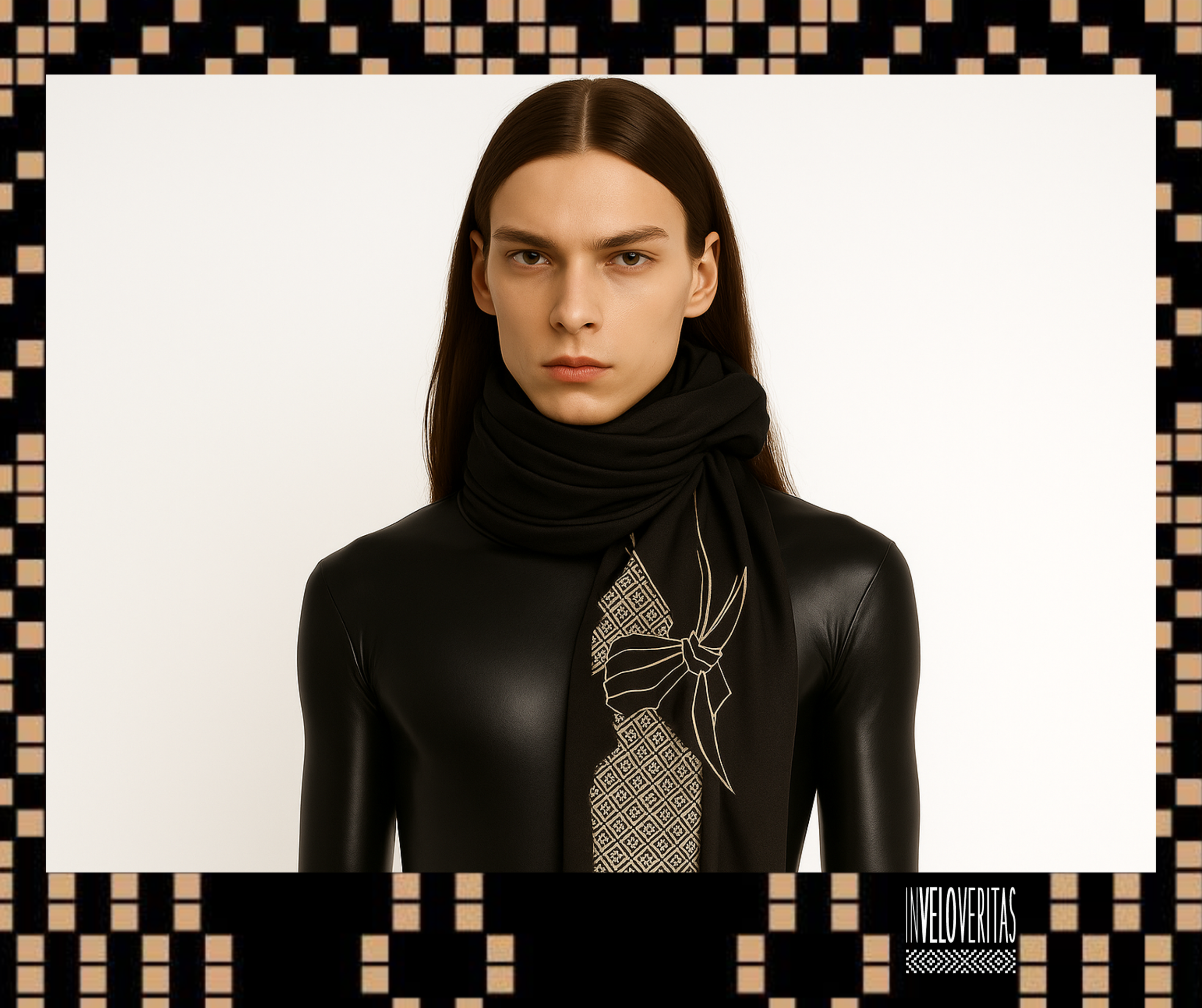 Ragazza con pelle nera, sciarpa nera decorata con disegno di farfalla e geometrico, sfondo bianco