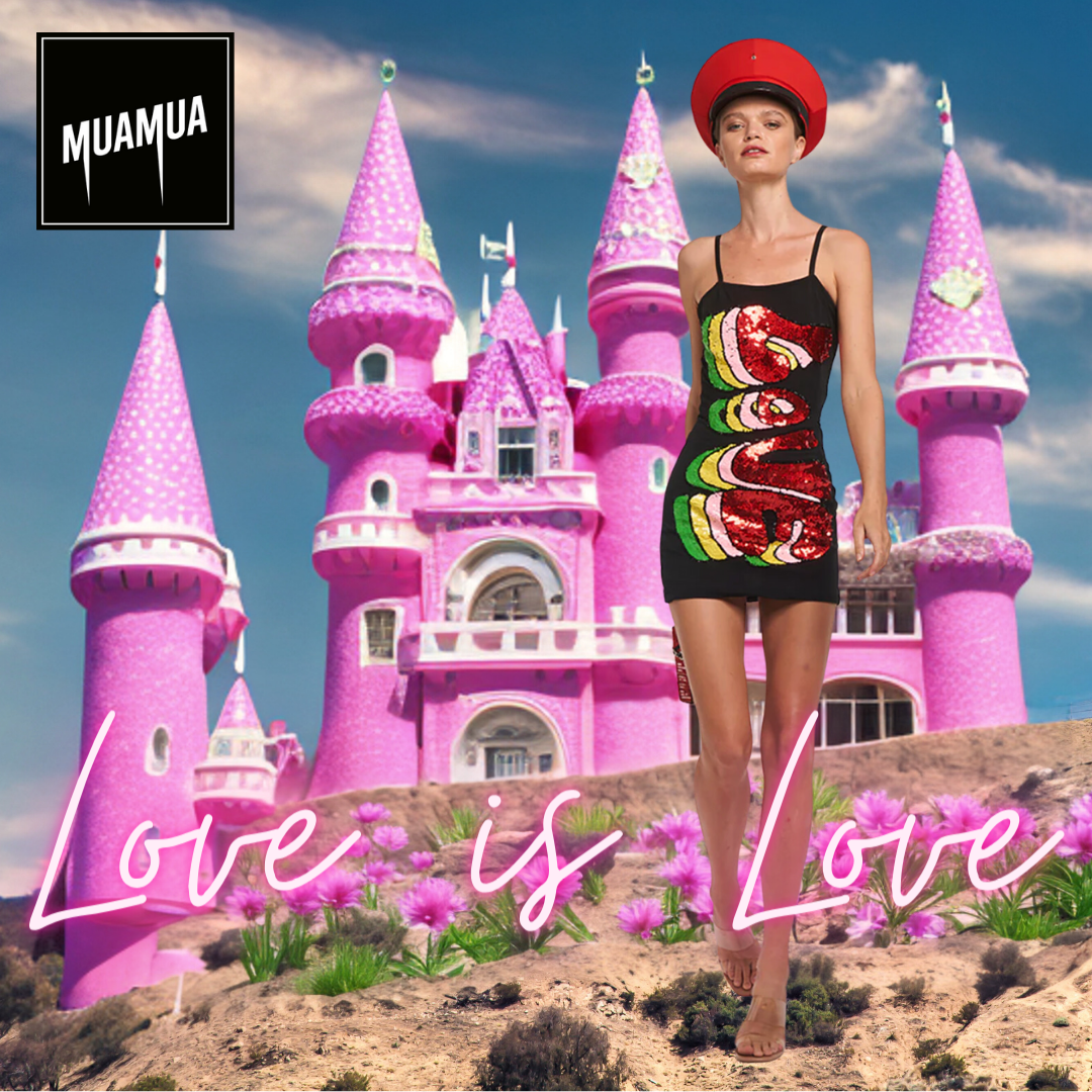 Una donna in un vestito nero con ricami di serpenti colorati davanti a un castello rosa, con scritto Love is Love.