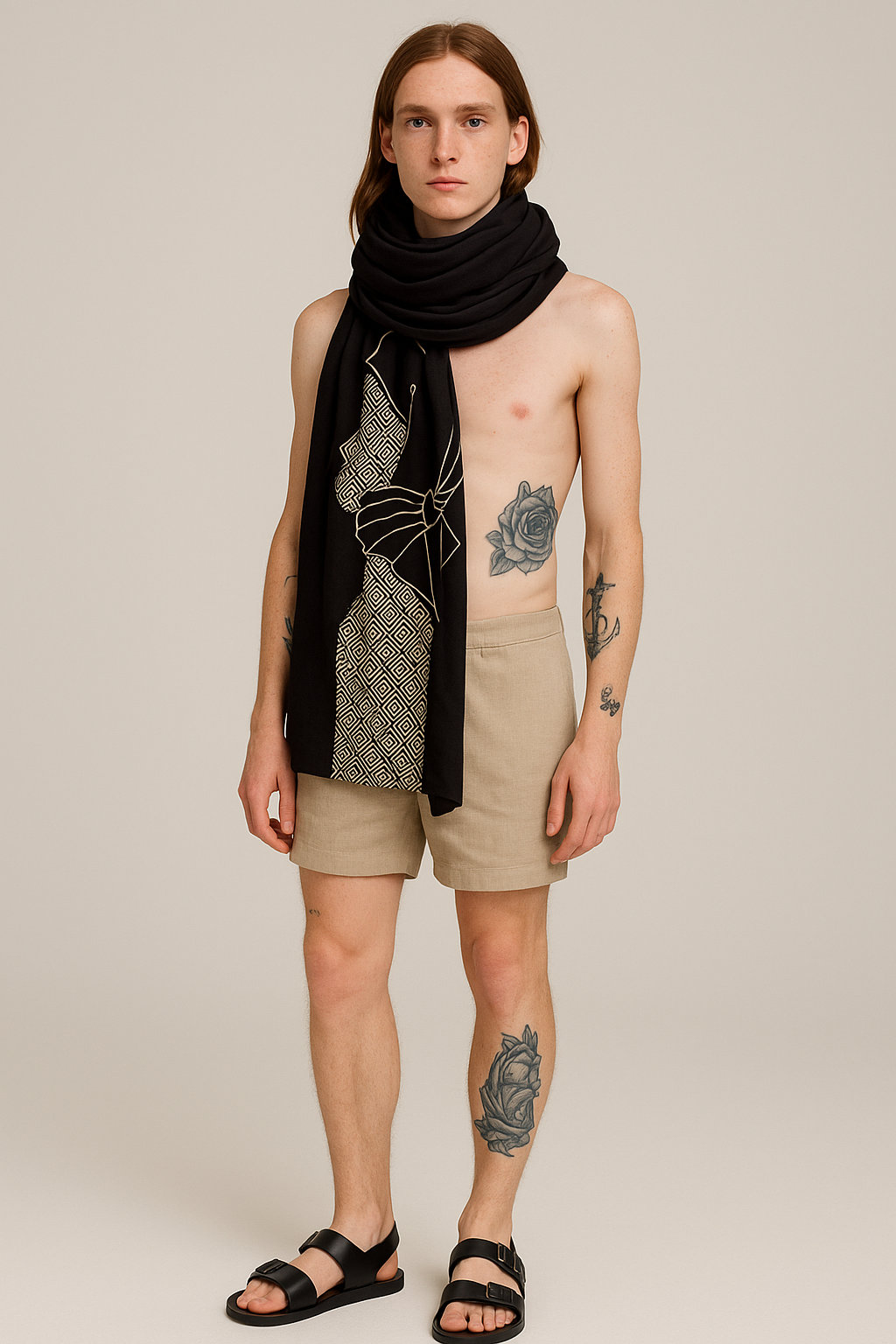 Uomo con tatuaggi, senza maglietta, che indossa pantaloncini beige e sandali, con un foulard nero con disegni bianchi attorno al collo, in posa contro uno sfondo bianco.
