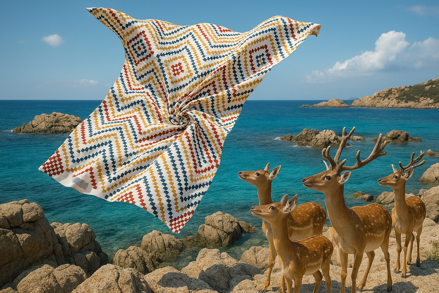 Capre vicino al mare con una sciarpa colorata che ondeggia nel vento.