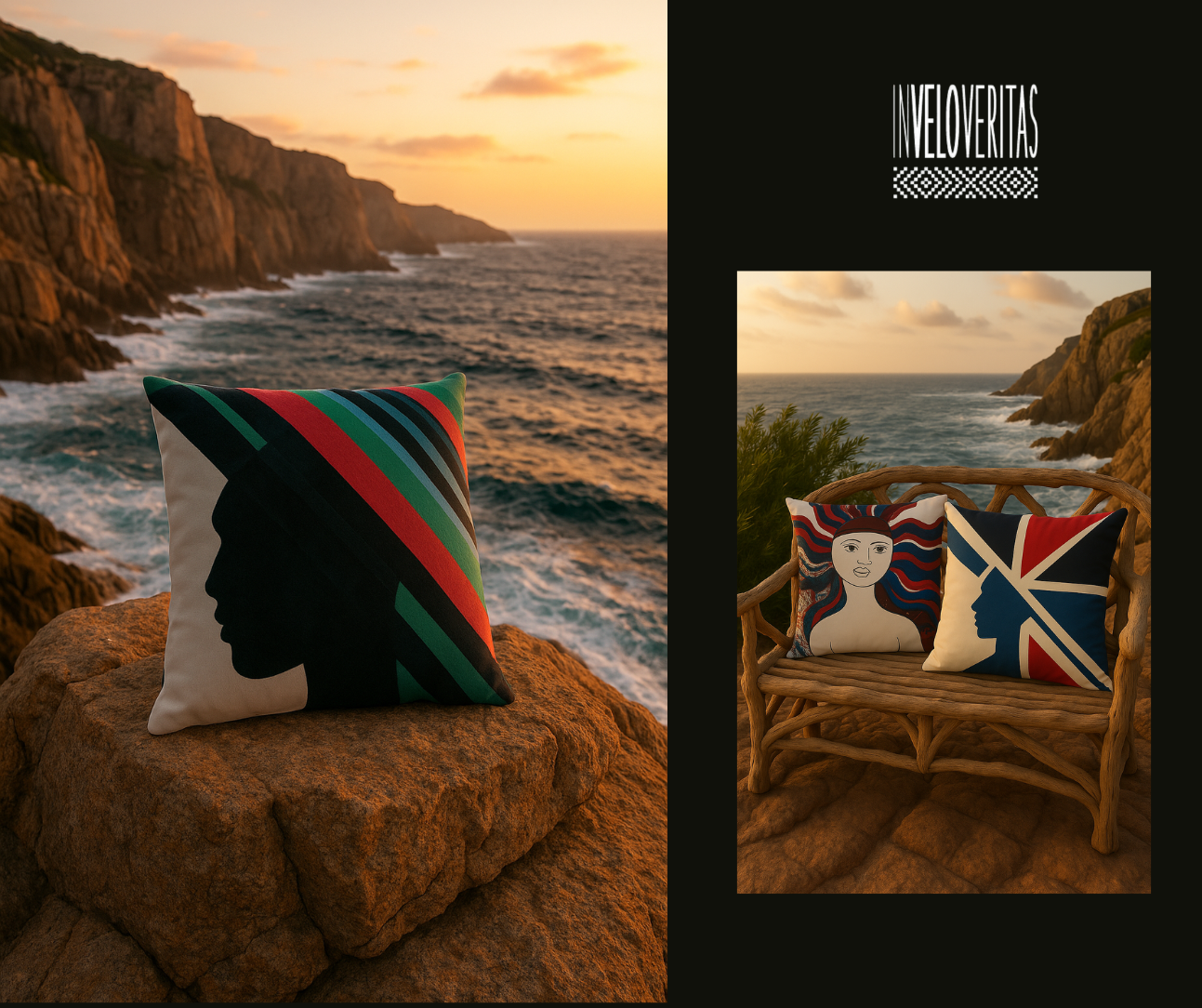 Cuscino con silhouette di profilo nero con capelli colorati su uno sfondo marino al tramonto, e due cuscini sulla sedia di legno con disegni artistici e simboli unici, su uno sfondo naturale con rocce e mare.