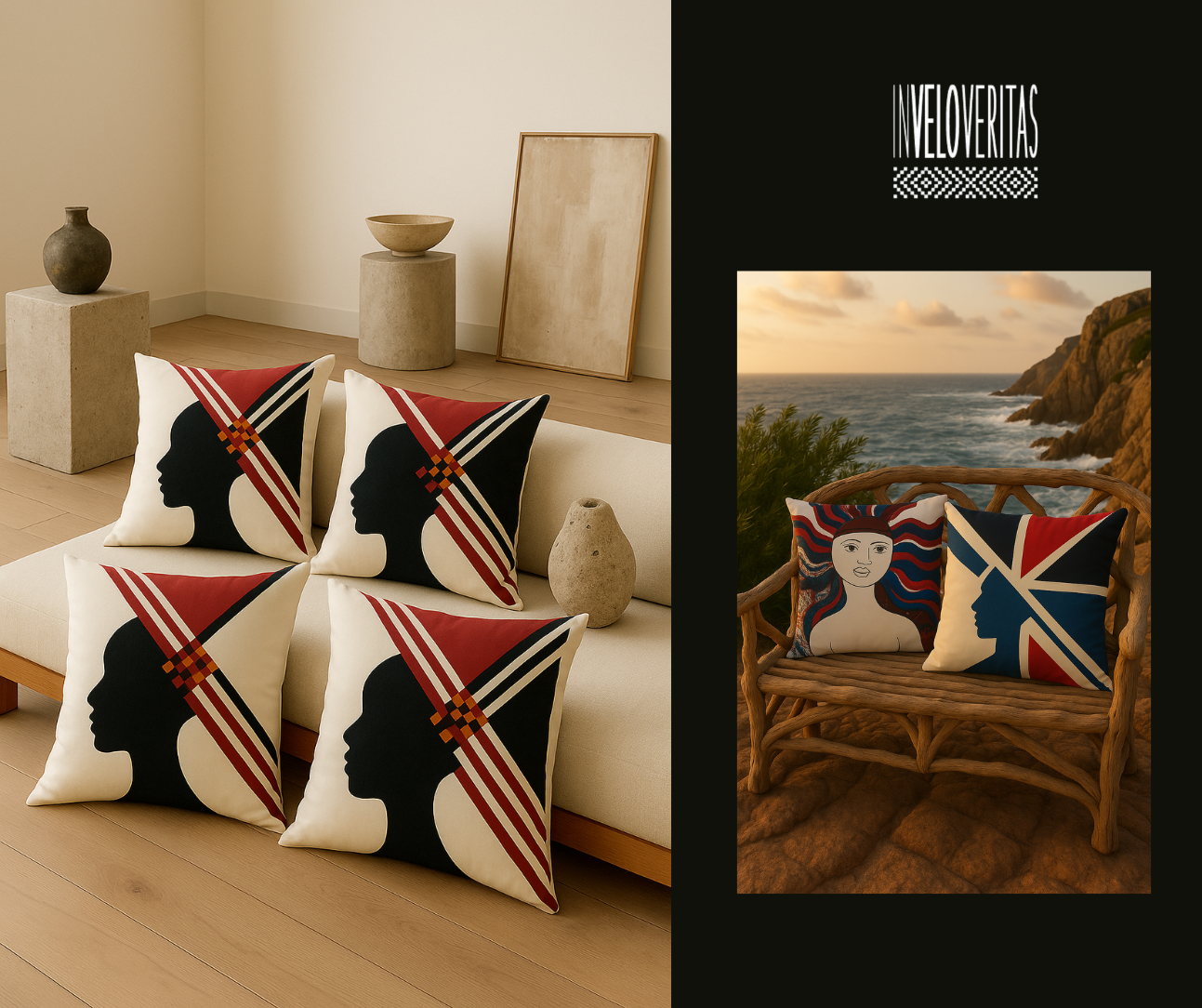 Cuscini decorativi con silhouette di profili umani e motivi geometrici, uno sui divani e un altro su una sedia di vimini con vista mare e scogli. Logo di INVLOVERITAS in alto a destra.