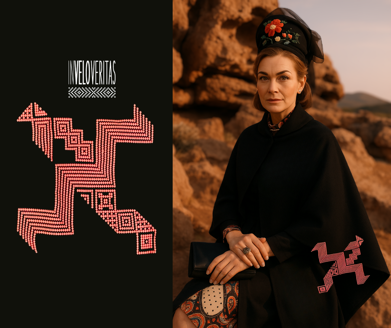 Una donna con abiti eleganti e cappello decorato con fiori, seduta di fronte a uno sfondo di rocce naturali durante il tramonto.