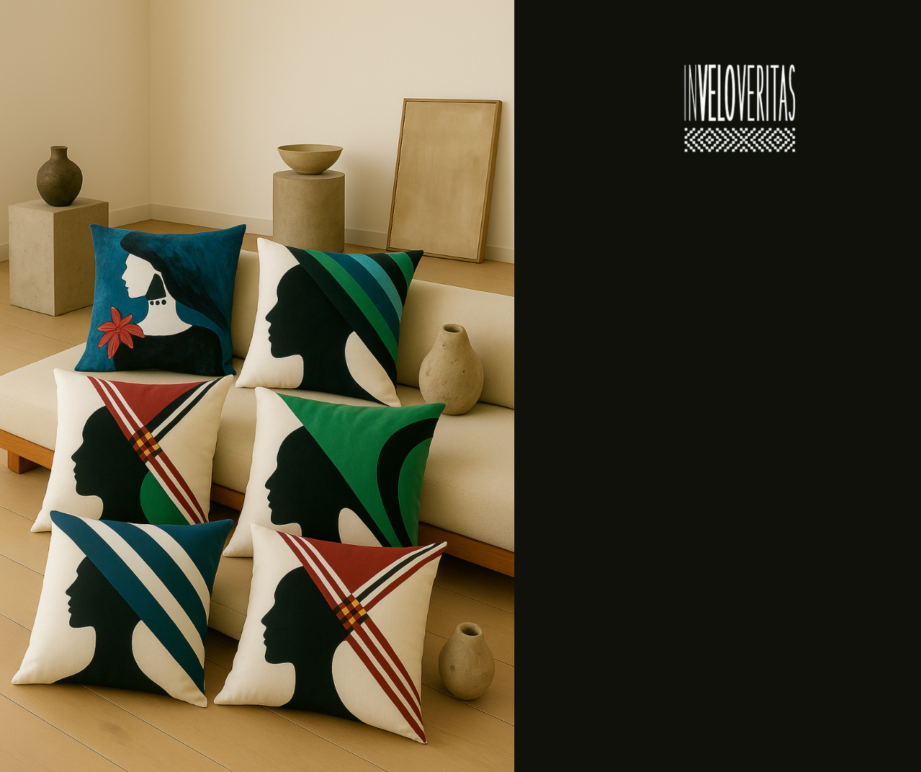 Cuscini decorativi con silhouette di profili di donne e motivi geometrici colorati su un divano beige in un ambiente minimalista con vasi e quadri sullo sfondo.