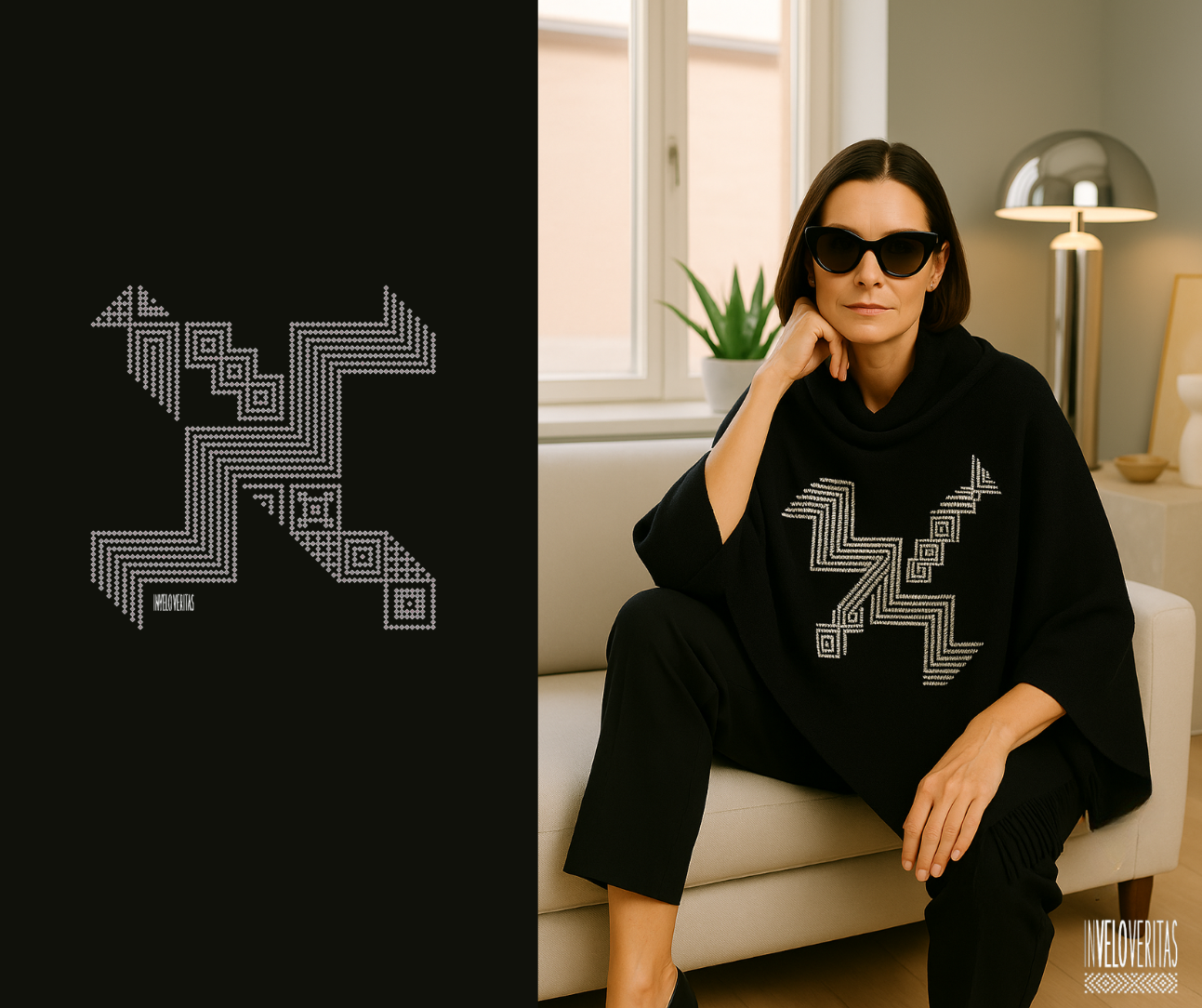 Donna seduta su un divano indossando un maglione nero con un design di linee geometriche bianche e nere, con occhiali da sole neri. Ambiente domestico con finestra, pianta, lampada da tavolo e decorazioni.