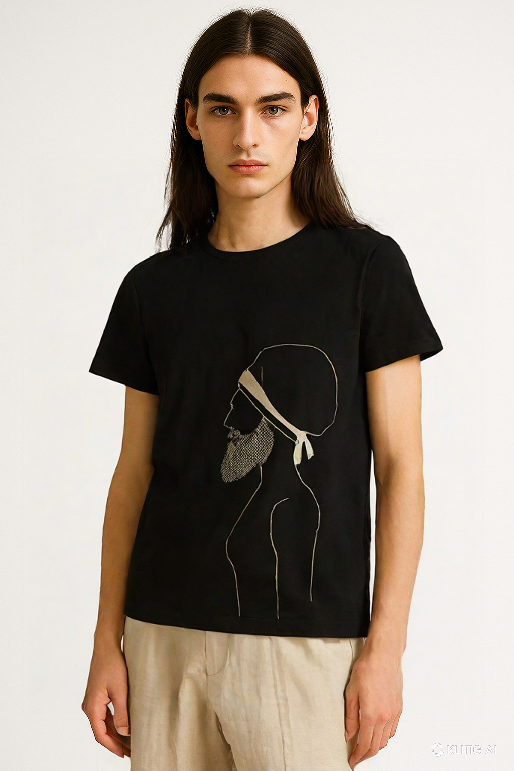 Ragazzo con capelli lunghi pettinati in modo liscio, indossa una maglietta nera con un disegno di un profilo di una persona con un cappello e una barba stilizzata, e pantaloni beige, sfondo bianco.