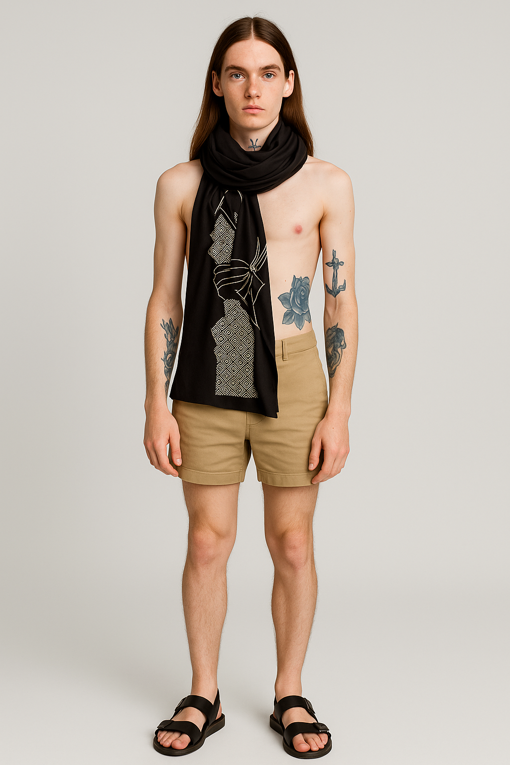 Uomo giovane con tatuaggi, indossa pantaloncini beige, sandali neri, e una sciarpa nera con motivi bianchi, posa di fronte a uno sfondo neutro.