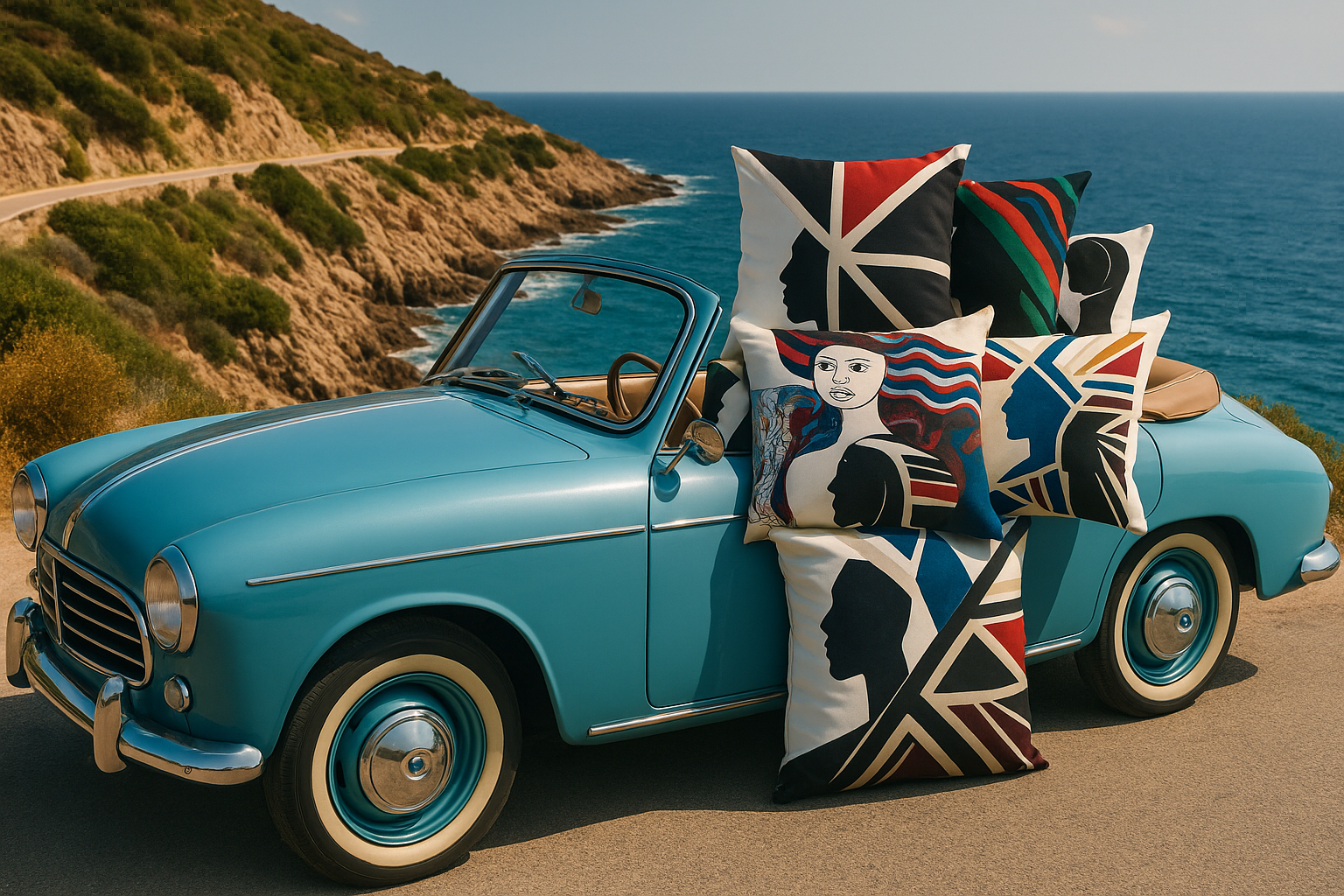 Campagna pubblicitaria con una macchina d'epoca azzurra con vari cuscini decorativi sul sedile posteriore, vicino a un mare e scogli