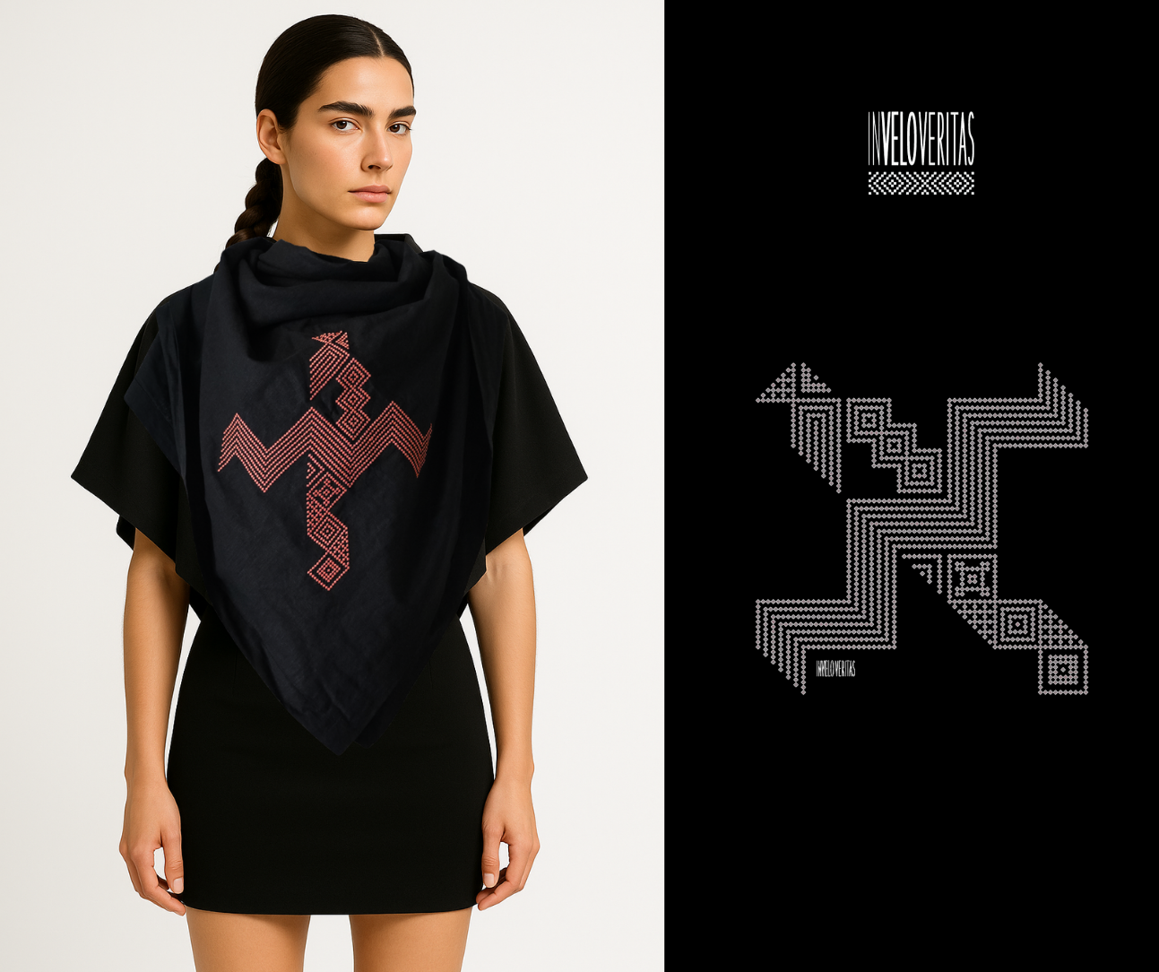 Una donna con pelle chiara, capelli scuri pettinati in una treccia, indossa un vestito nero e una sciarpa nera con un motivo geometrico rosso. A destra, un poster nero con motivi geometrici bianchi e la scritta 'INVEO VERITAS'.