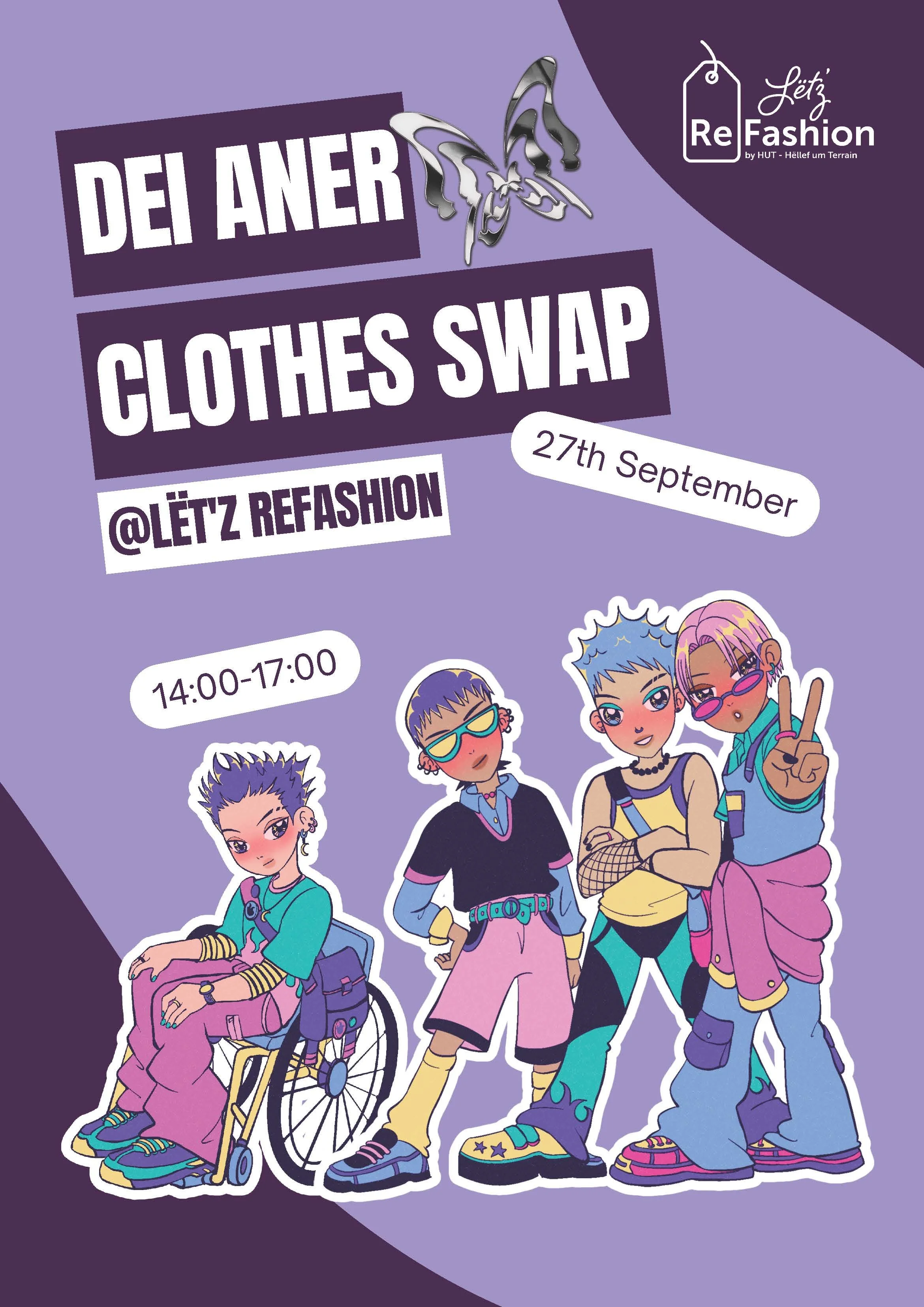 purple background with cartoon image of 4 cool looking people dressed in bright clothing. Poster reads: 'déi aner clothes swap @Let'z refashion, 27th September, 14:00-17:00