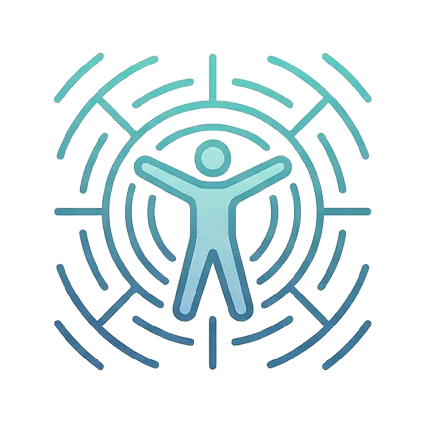 Abstract digital human figure with arms raised, surrounded by concentric circular patterns and lines, representing technology or innovation.