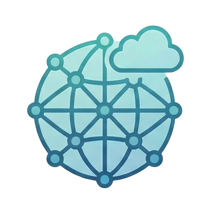 Illustration of a globe with interconnected nodes and a cloud icon, representing cloud networking or internet connectivity.
