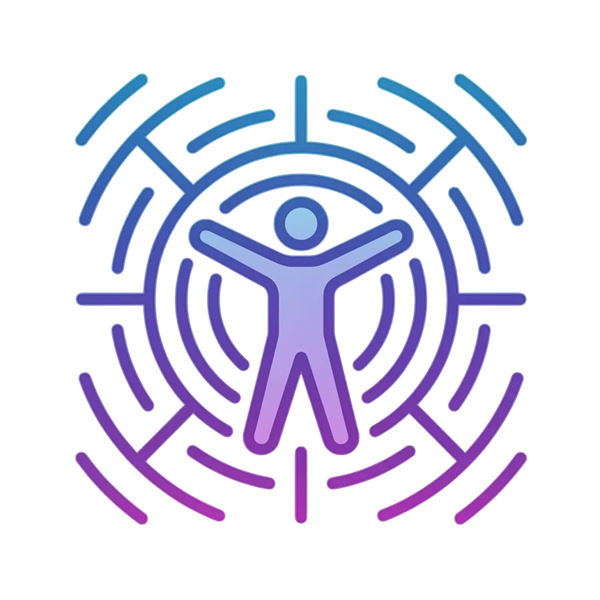 Digital illustration of a person with arms outstretched surrounded by concentric circles and lines, symbolizing connection or energy.