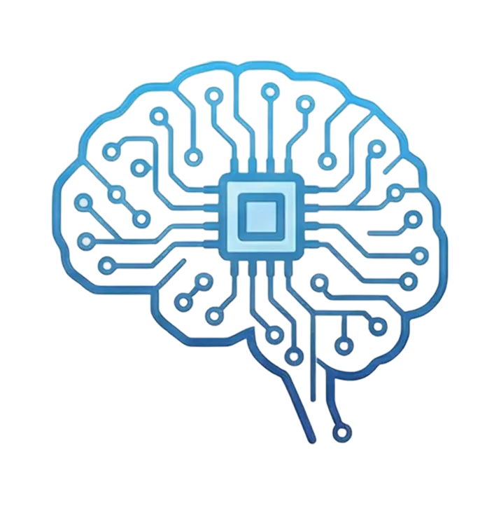Digital illustration of a brain made with circuit board lines and a central processing unit in blue colors.