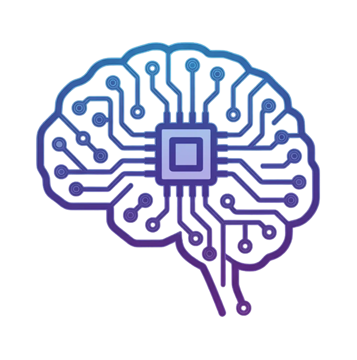 Digital illustration of a brain shaped circuit board with a central processing unit at the center and interconnected lines.