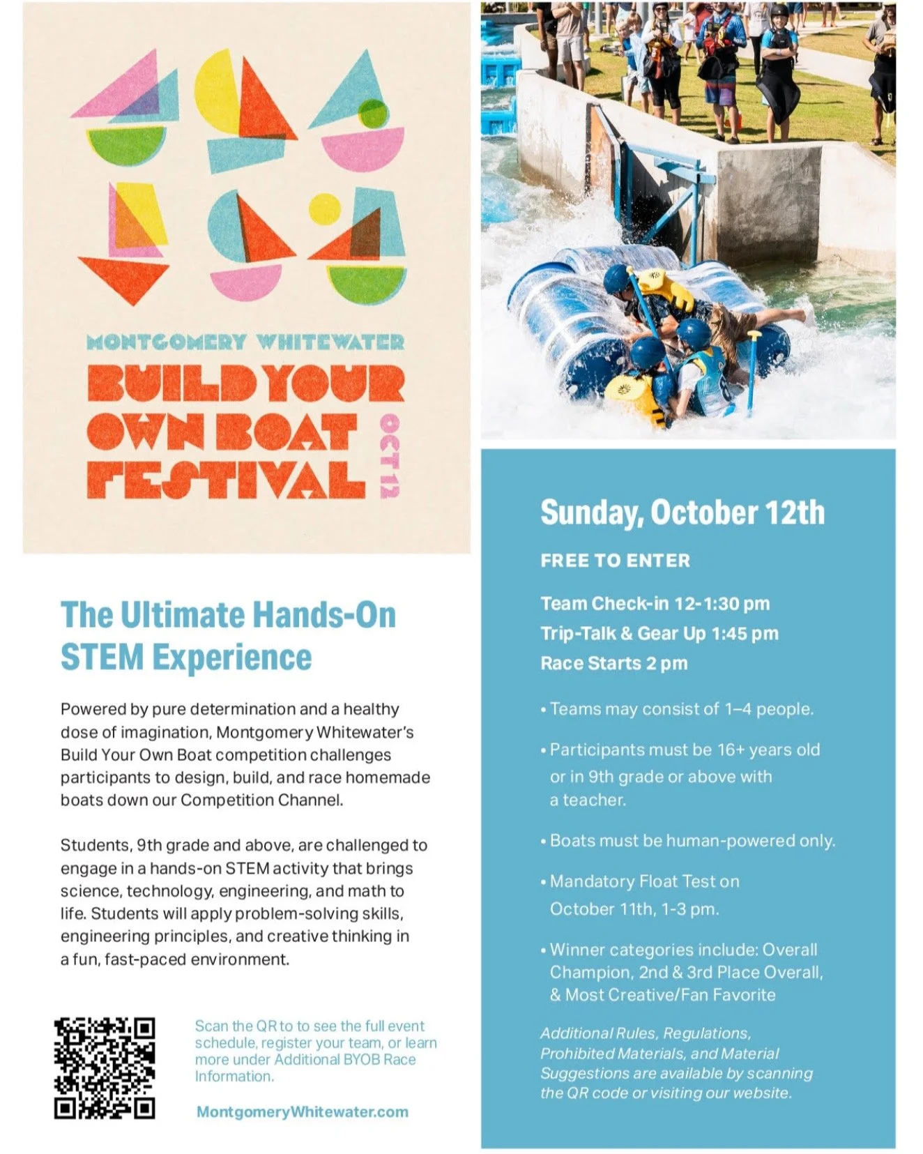 Get ready for the ultimate STEM experience at Montgomery Whitewater Build Your Own Boat Festival! 
On Sunday, October 12th, students in 9th grade and above are invited to design, build, and race their own human-powered boats. This fast-paced, creati