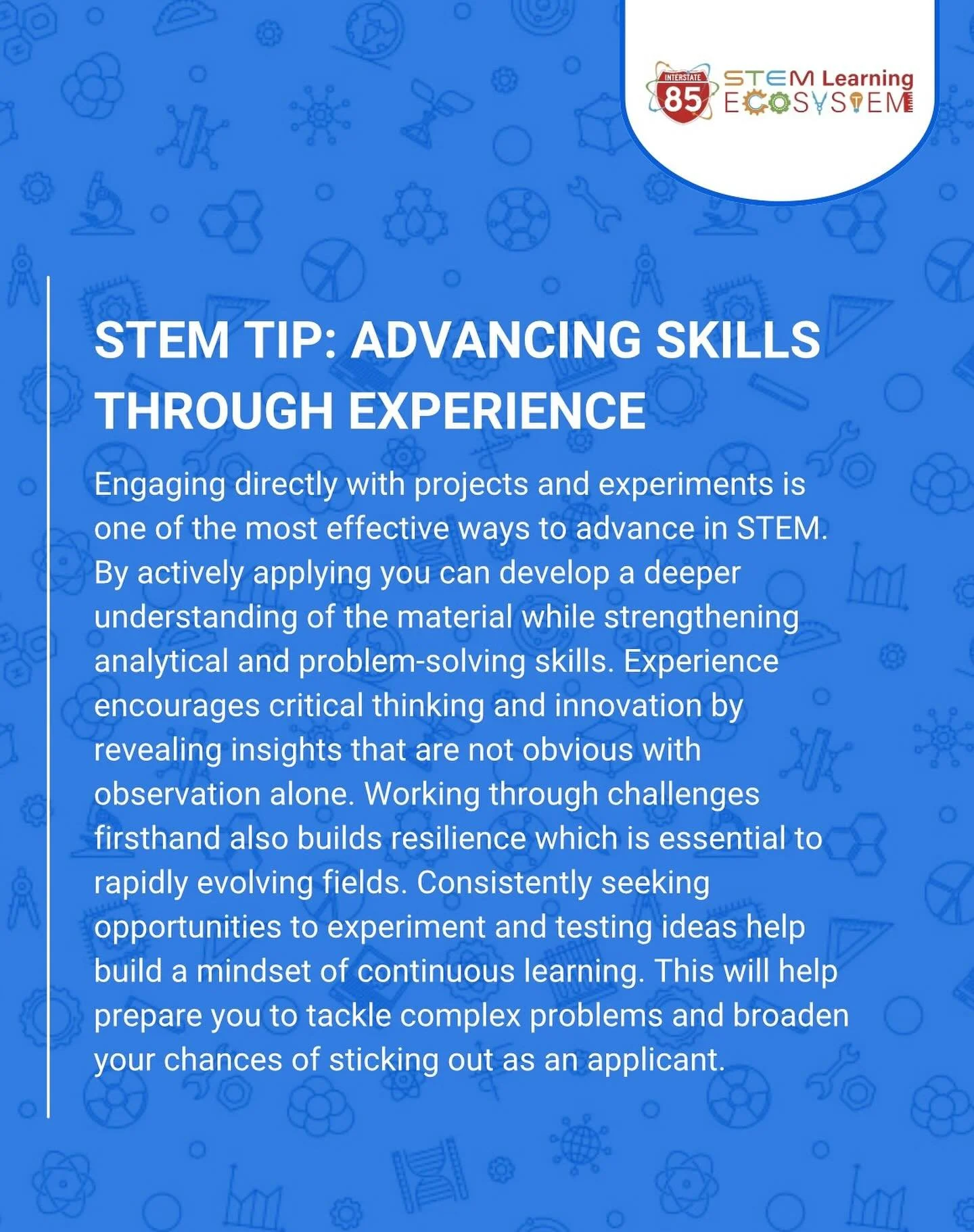 Starting October with another tip of the day! 🌟
Engaging with projects and experiments builds problem-solving skills and reveals insights that books alone cannot.
#STEMTips  #I85regionalecosystem