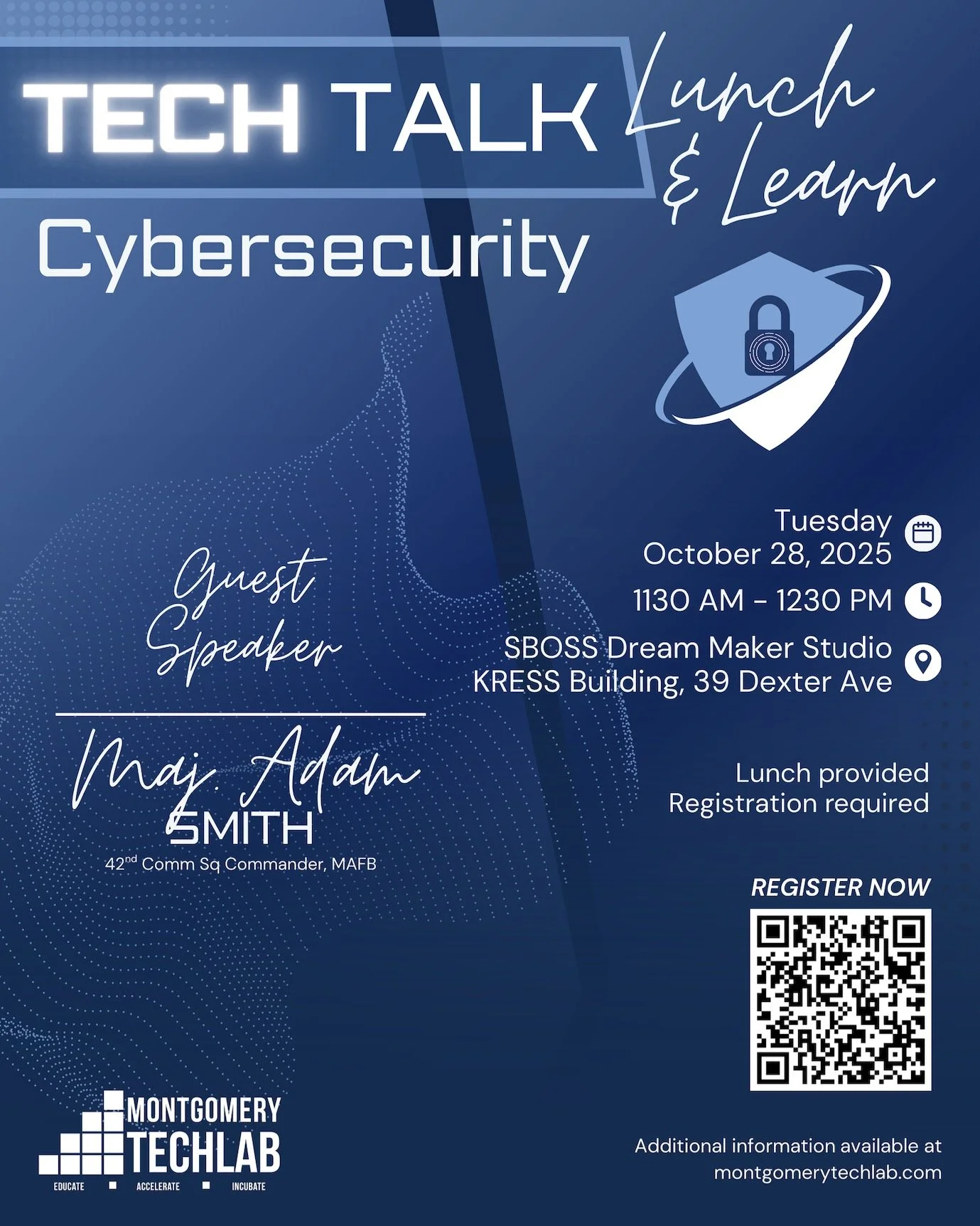 Get ready for MTL Tech Talk Lunch & Learn - Cybersecurity in the United States Air Force with Maj Adam Smith, Commander of the 42nd Air Base Wing Communications Squadron at Maxwell Air Force Base. 
We will discuss how the Air Force defends its n