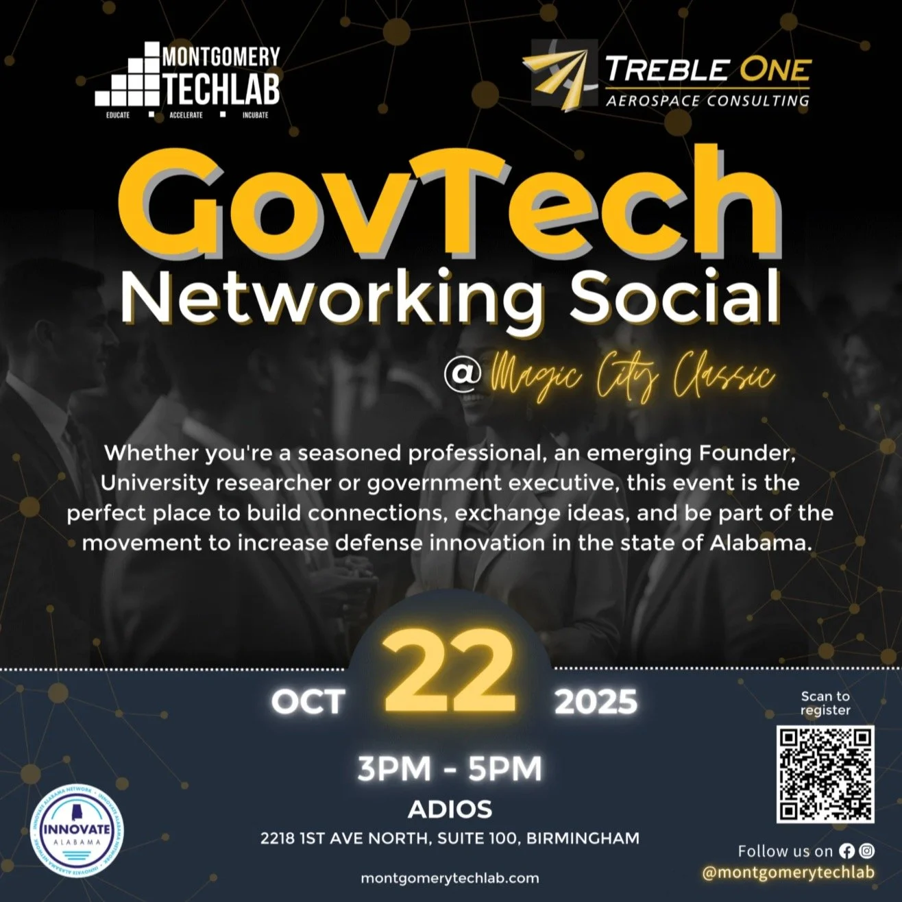 Montgomery TechLab, in partnership with TrebleOne, is hosting the GovTech Networking Social, an opportunity to bring together government leaders, innovative IT companies, university researchers, and founders for meaningful collaboration. 
When: Wedn