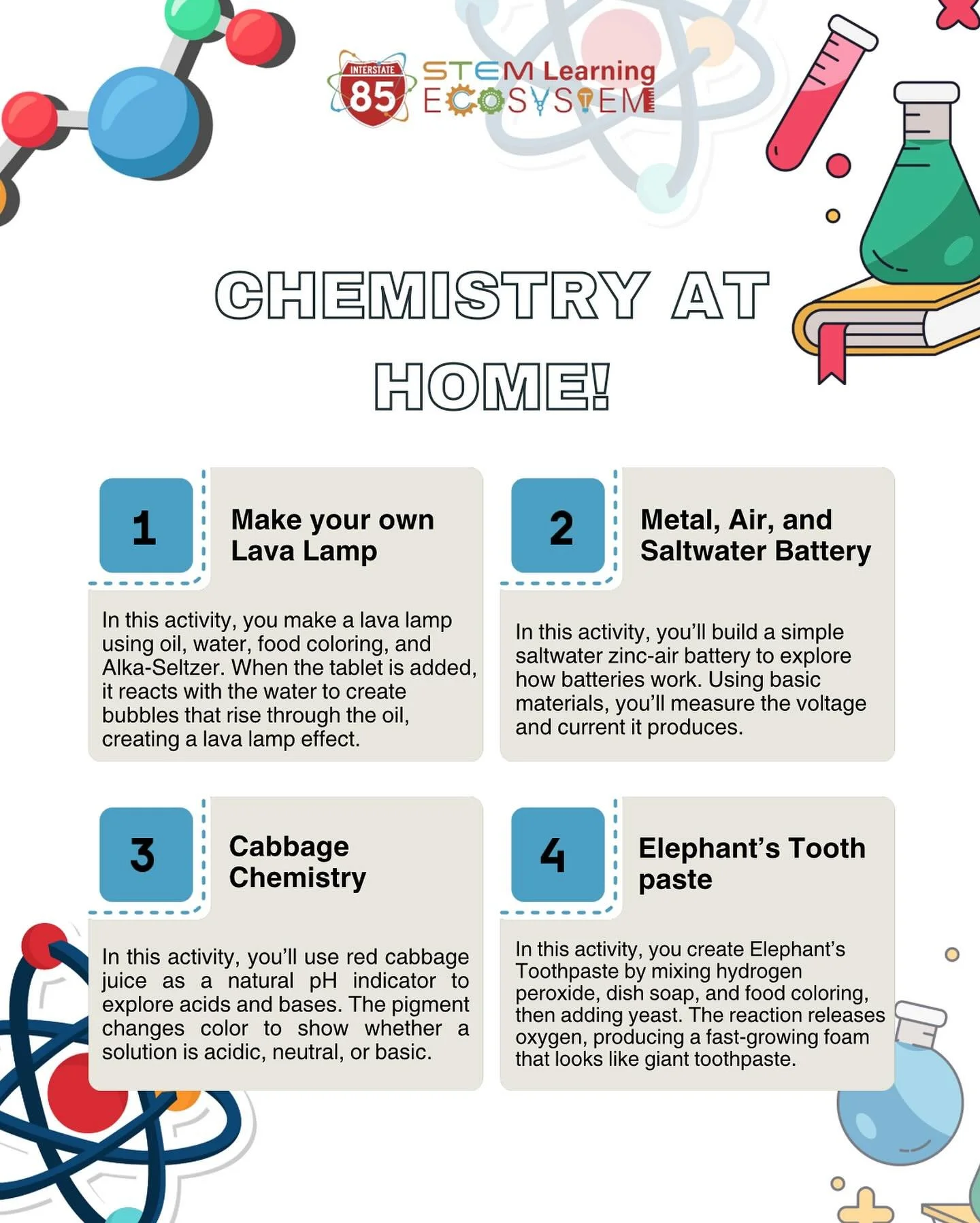 Looking for fun and easy ways to celebrate National Chemistry Week at home? 
Try simple experiments like making your own lava lamp and creating elephant’s toothpaste! These hands-on activities help bring chemistry to life no matter your age. F