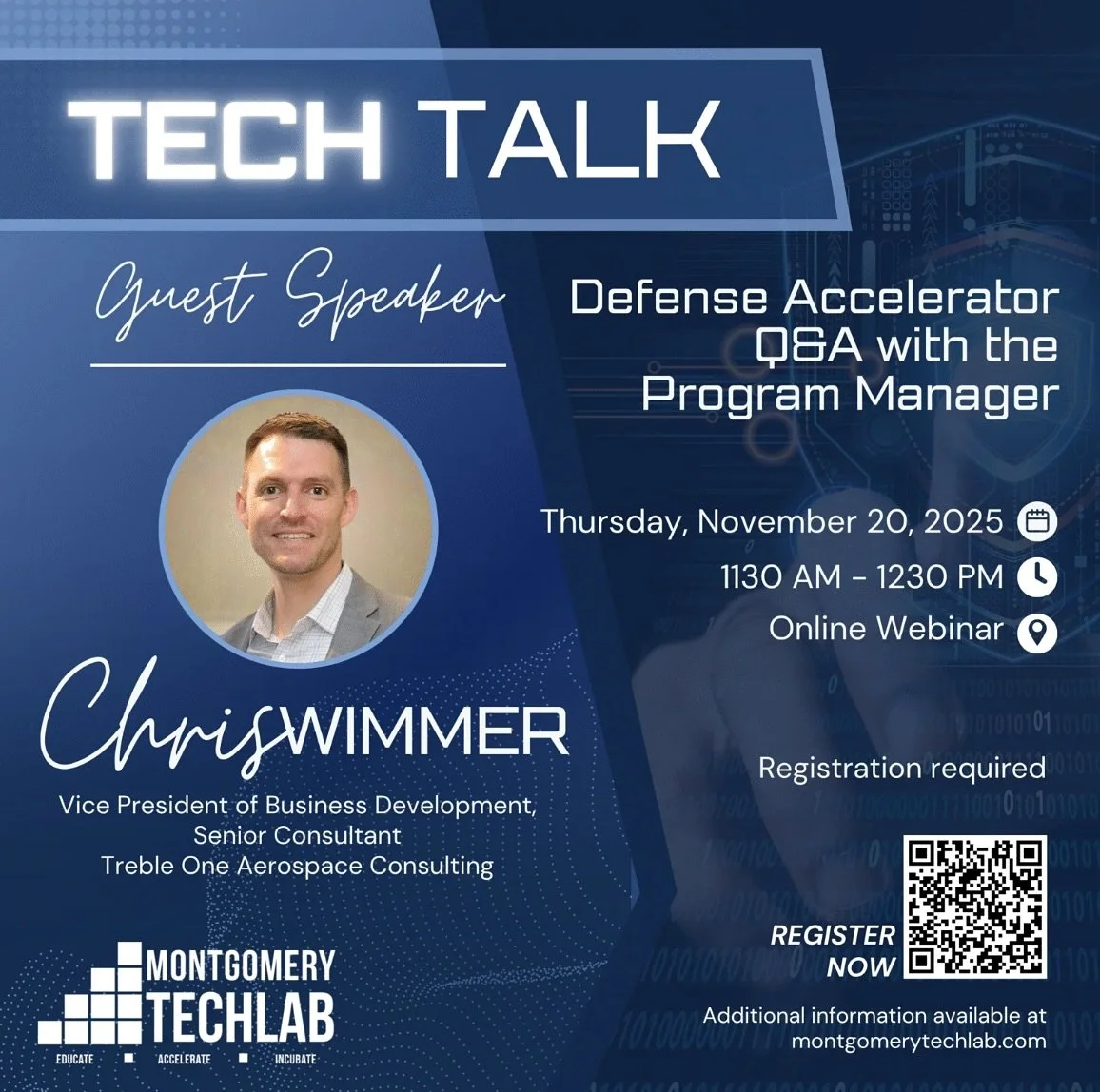 Join us for a Montgomery TechLab Tech Talk: Breaking into DefenseTech 

Discover how early-stage innovators can scale their solutions in the defense ecosystem at this engaging session with Brien House, Alabama Accelerators Director at Treble One. Lea
