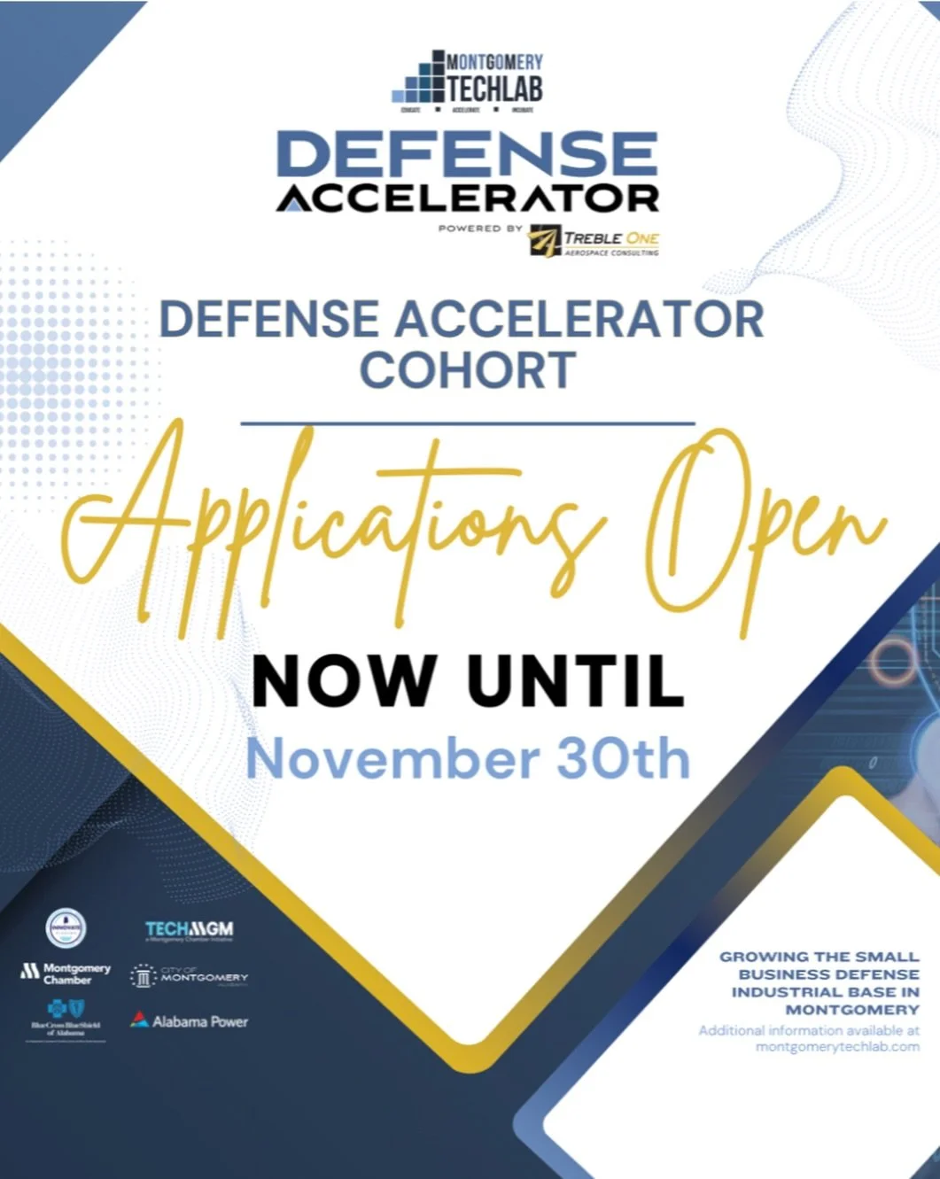 Just 4 days left to apply for the next Montgomery TechLab Defense Accelerator cohort! 

Don&rsquo;t miss this no-cost, non-dilutive 8-week program offering founders direct access to DoD stakeholders, mentors, and government partnership strategies.
Ap