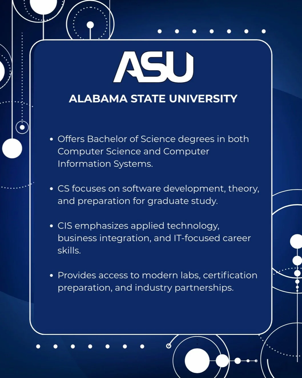 To celebrate Computer Science Education Week, we want to highlight the many pathways offered by our partner institutions. Alabama State University, Trenholm State Community College, Troy University, Auburn University, Tuskegee University, and AUM eac