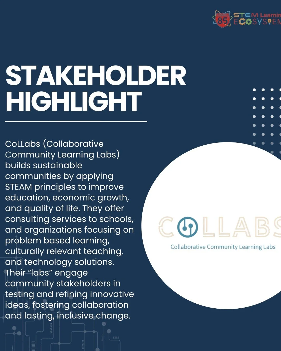 Stakeholder Spotlight: CoLLabs (Collaborative Community Learning Labs) 

CoLLabs is transforming communities by applying STEAM Principles through collaboration and innovative learning! By working closely with educators and local partners, they help d