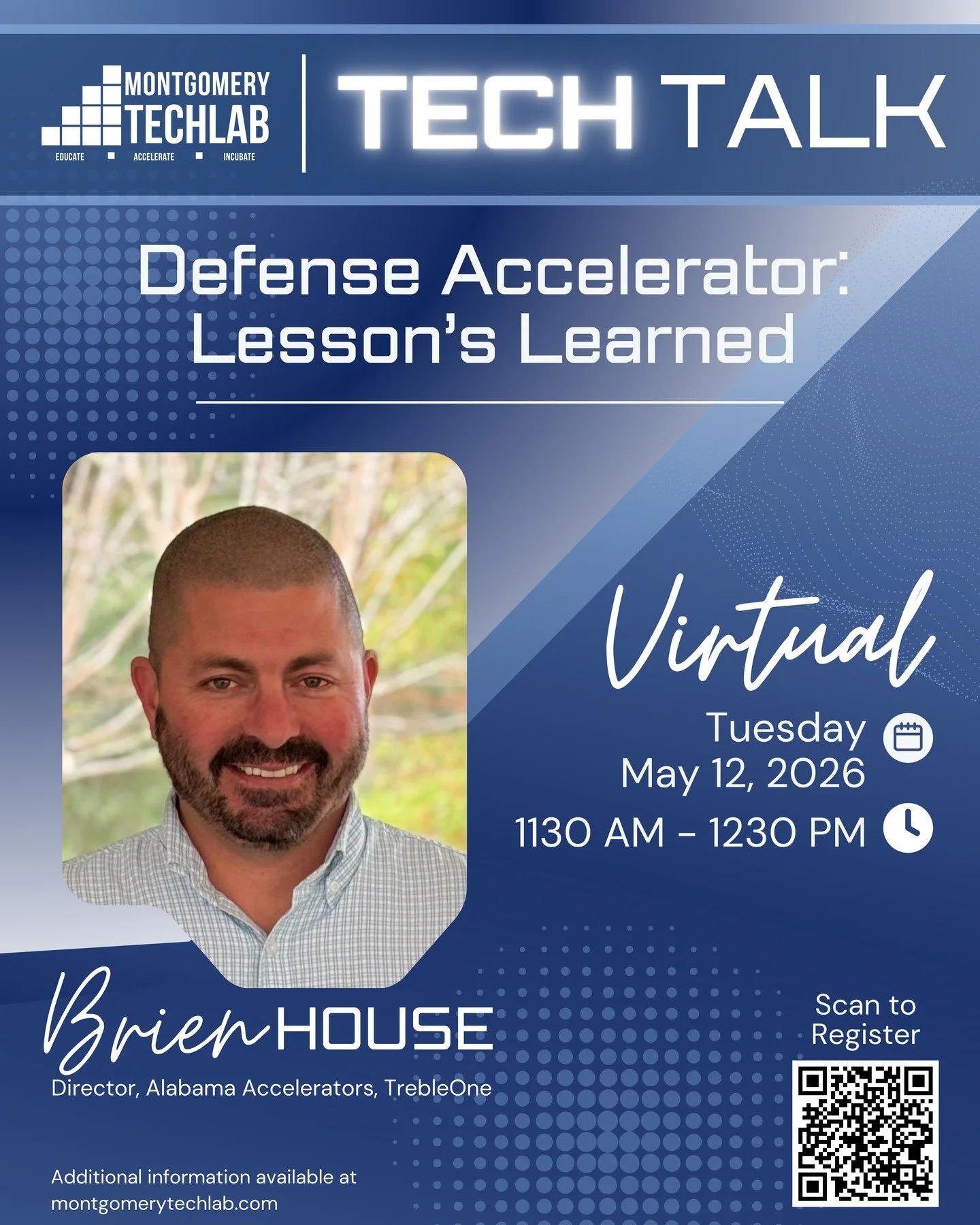 Join us for an MTL TechTalk: Defense Accelerator - Lessons Learned, a virtual session highlighting insights on what founders understand after engaging with the defense innovation system. 

Hear from speaker, Brien House, Director of Alabama Accelerat