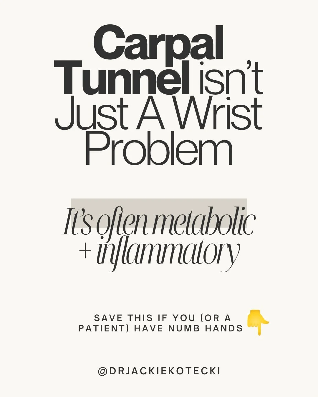Carpal tunnel isn&rsquo;t always &ldquo;just repetitive strain.&rdquo;

Yes, there&rsquo;s mechanical compression.
But research shows metabolic factors like:

&bull; B6 status
&bull; Vitamin D levels
&bull; BMI
&bull; Hormonal shifts
&bull; Inflammat