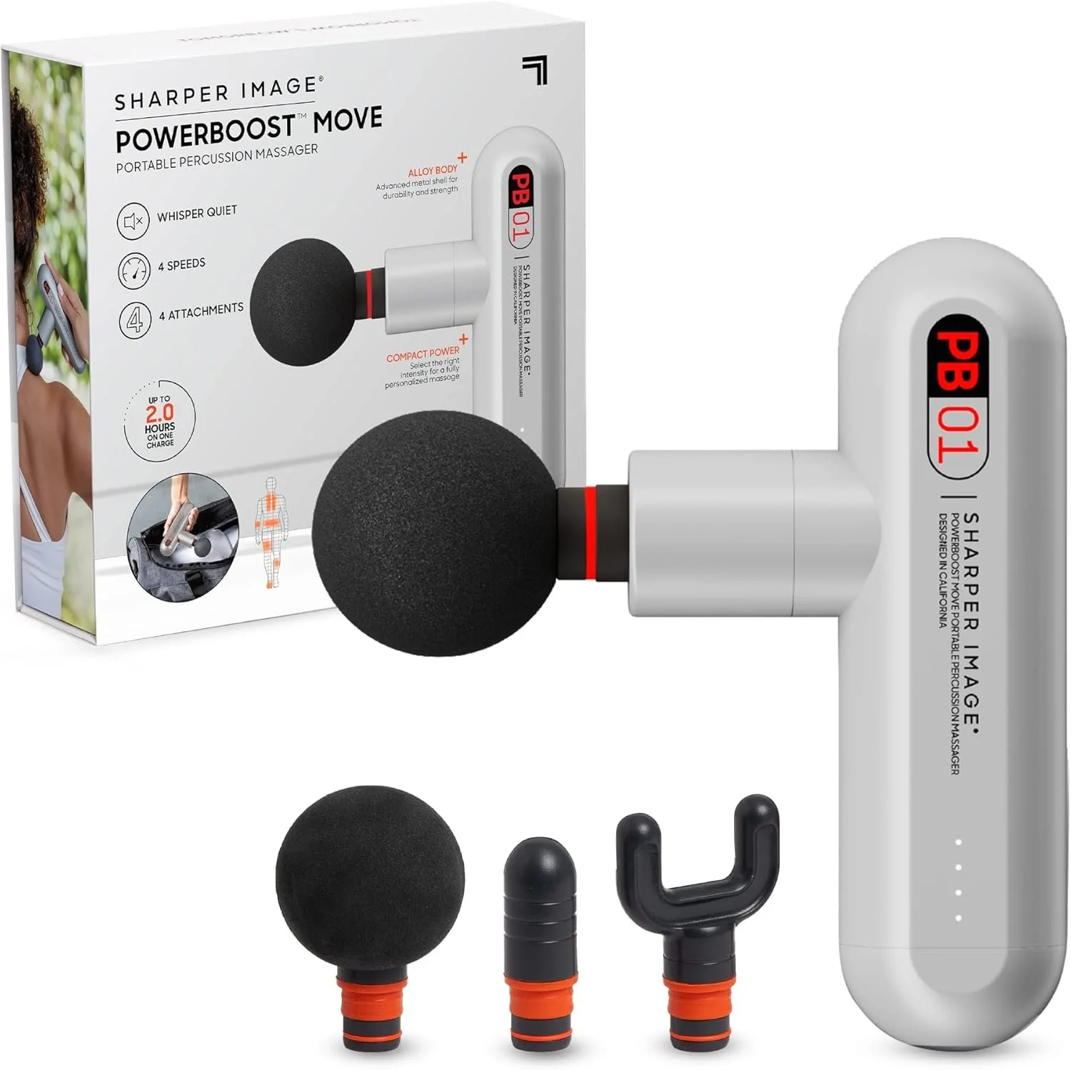 Sharper Image Powerboost Move - Mini Percussion Massage Gun 
| 4 Attachments, 4 Speeds, FSA Eligible| Full Body Back & Shoulder Massager| Deep Tissue Muscle Recovery| Portable Pain Relief Massage Tool