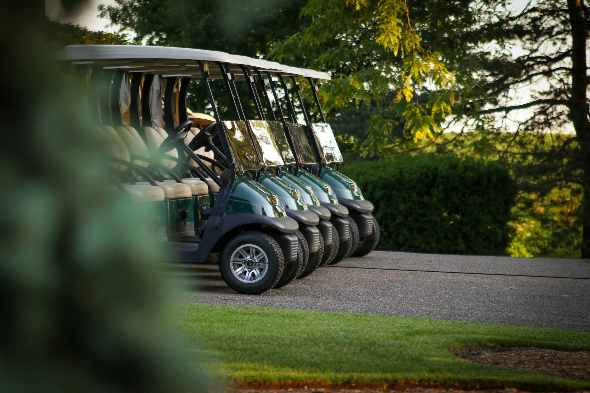 A row of green golf carts parked on a paved path at a golf course during sunset, with trees and greenery in the background.