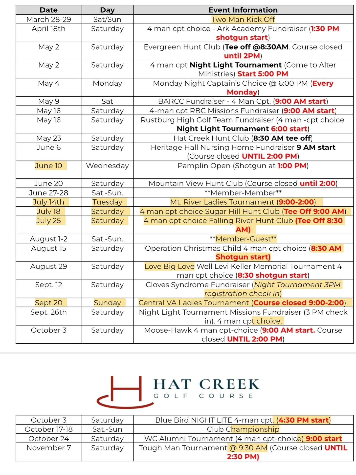 It&rsquo;s the 2026 golf season! 

We are excited for the year ahead. We have a range of events from club tournaments, fundraisers, and even a turkey trot! 

All sign up lists are active. Call or DM to sign up!

Please remember schedules are subject 