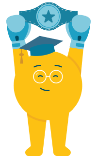 GED & Me Character lifting up a belt because they are credentialed and passed a Math test.