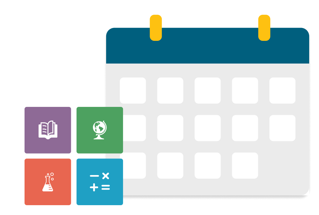 A calendar with each of the four GED subjects to the left of it