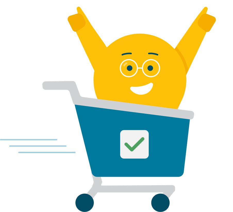 GED & Me Character in a shopping cart after a successful purchase.