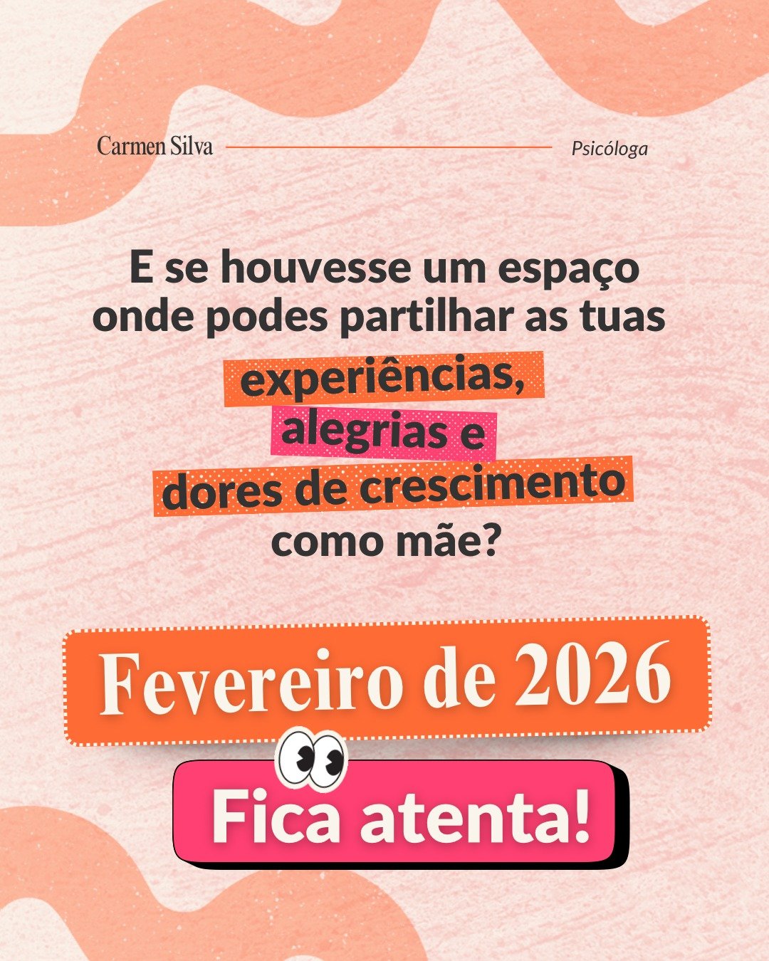 Em 2026, nasce um novo lugar onde podes:
🩷 partilhar as tuas experi&ecirc;ncias, conquistas e alegrias da materninade
💛 pousar o peso que carregas e falar do que d&oacute;i (spoiler: n&atilde;o vais ter de parecer a Super-Mulher!)
🧡 descobrir mais