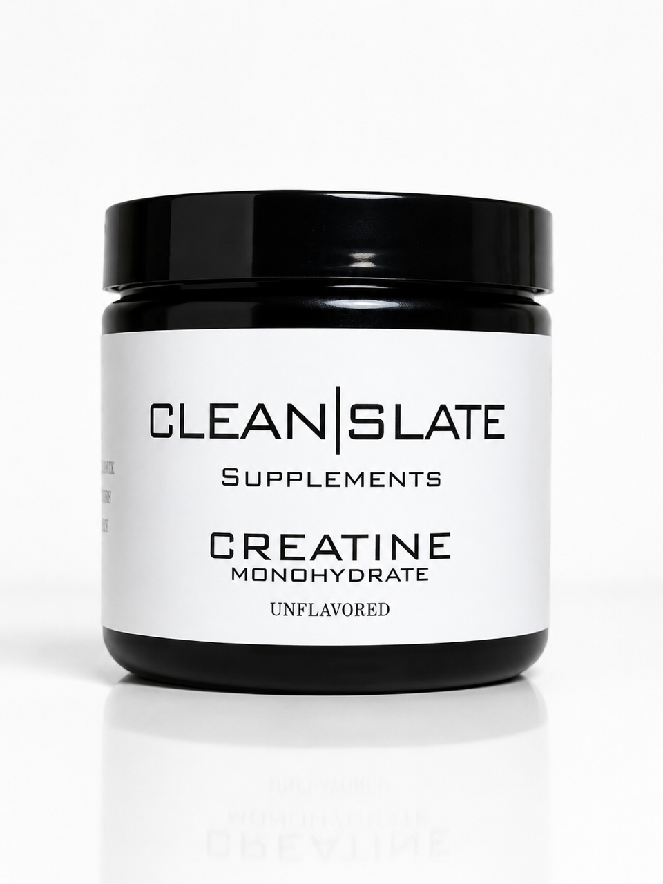 A black container of Clean Slate Supplements Creatine Monohydrate, unflavored.
