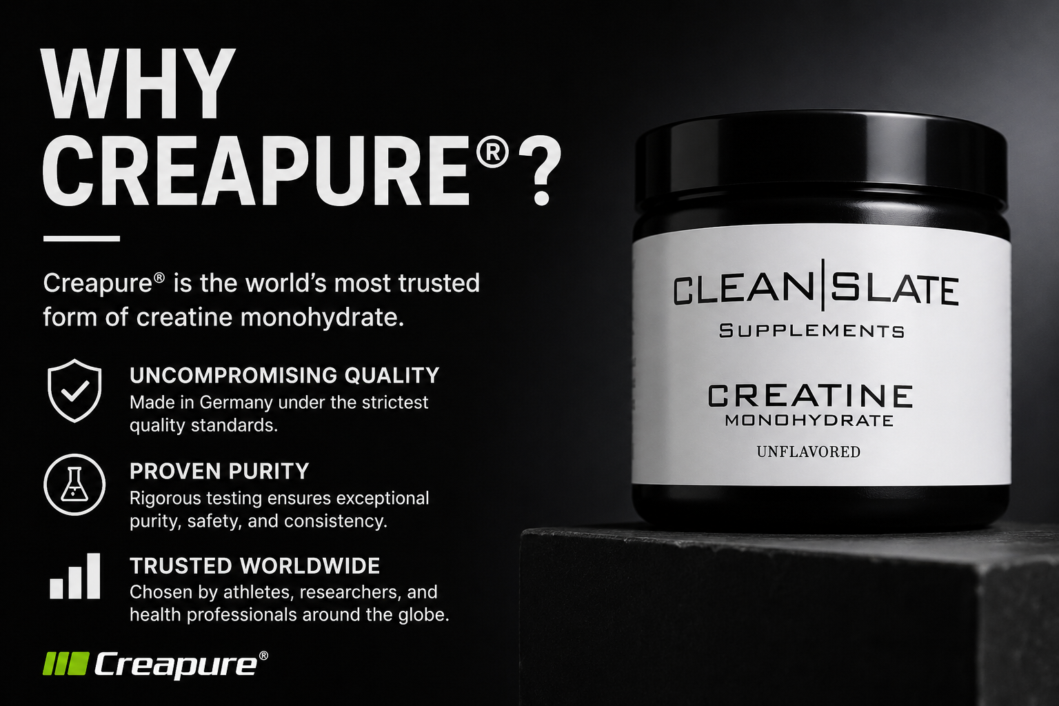 Advertising display promoting Creapure, a creatine monohydrate supplement, highlighting its trusted quality, purity, and worldwide use, with a black and gray container of the product on the right.