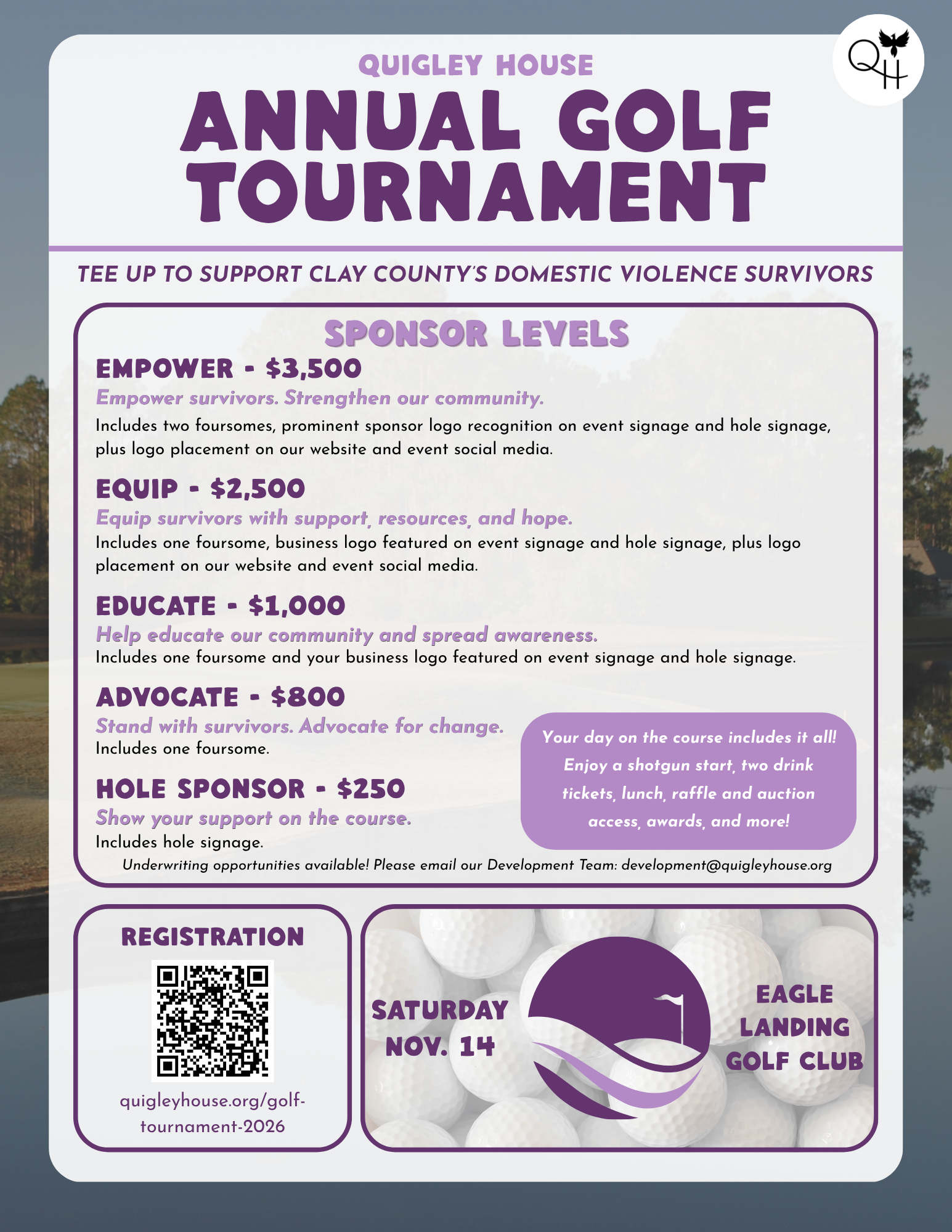 Flyer for Quigley House Annual Golf Tournament, supporting domestic violence survivors, with information on sponsorship levels, event date, location at Eagle Landing Golf Club, and registration QR code.