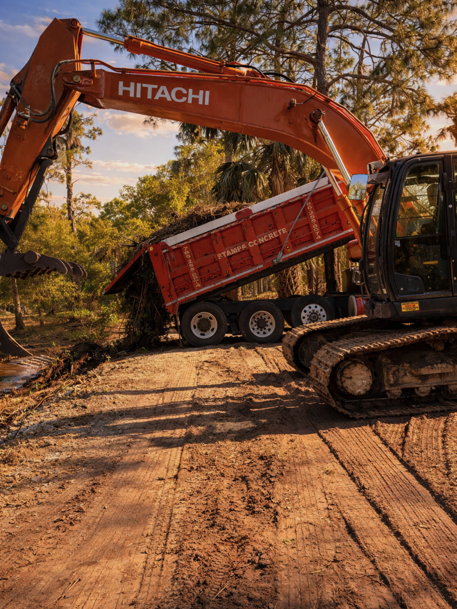 A large orange excavator with the brand name Hitachi on the arm, lifting dirt into a red dump truck with white markings, on a dirt road surrounded by trees with green foliage and a clear blue sky in the background.