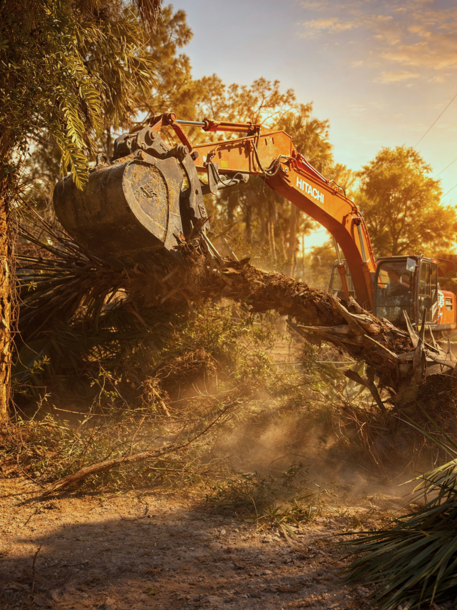 A large orange Hitachi excavator is demolishing a fallen tree in a wooded area during sunset. Dust and debris are visible near the ground.