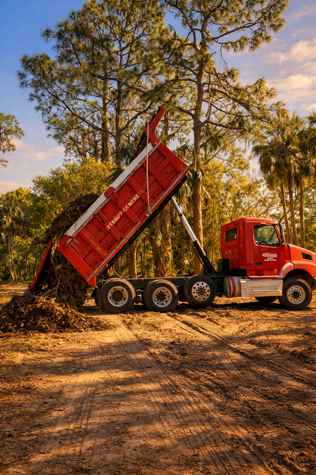 A red dump truck lifting its bed to unload soil or mulch in a wooded area with tall trees and a dirt ground.