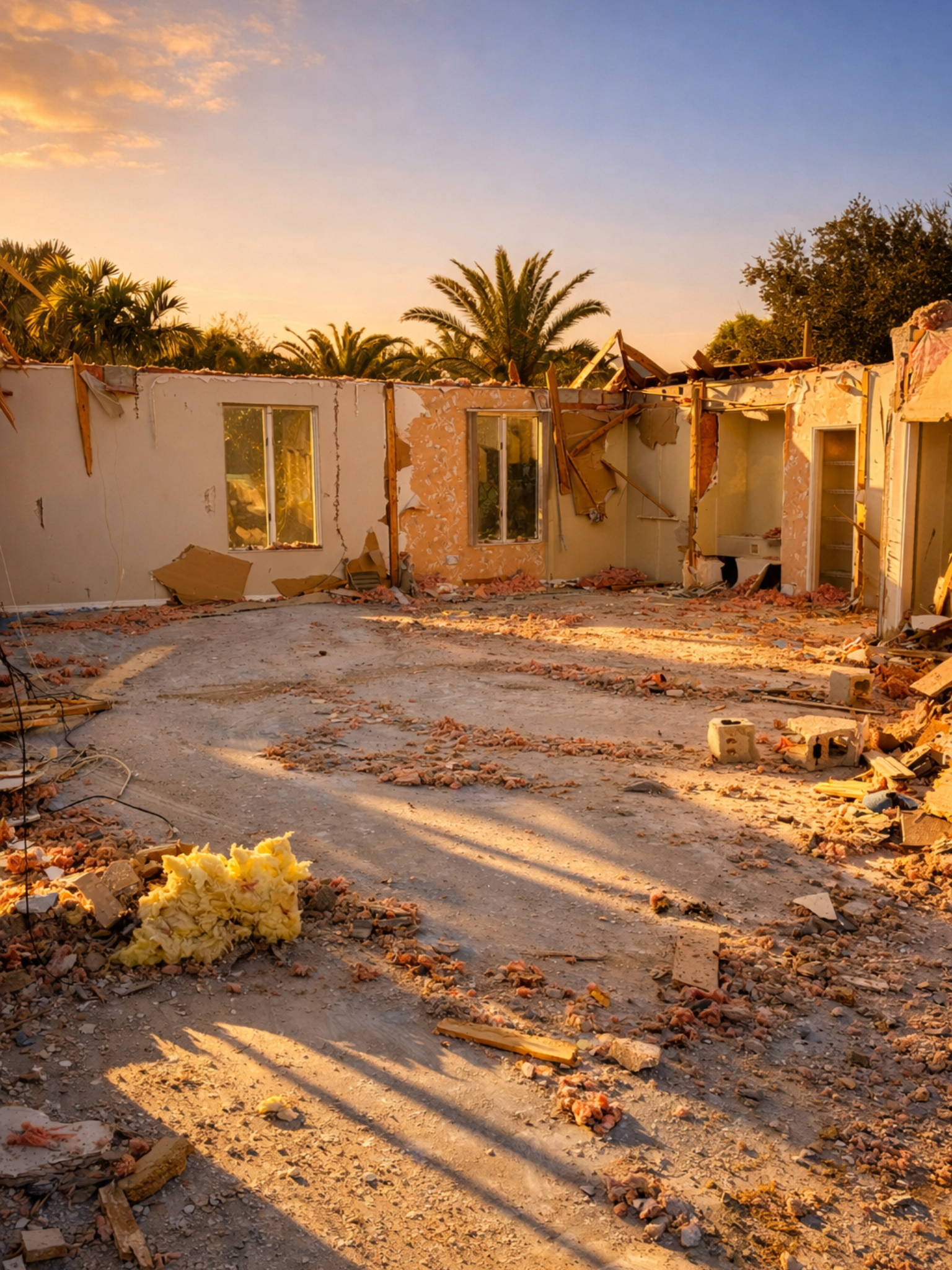 Rubble and debris of a destroyed house under a sunset sky, with palm trees in the background.