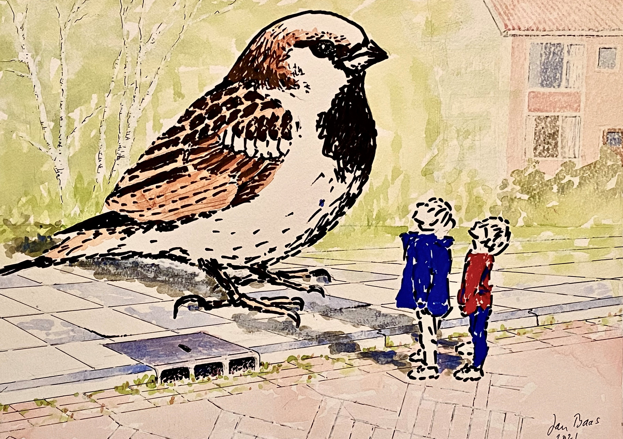De grote mus en de jongetjes, 2021, 48 x 36 cm, viltstift, fineliner en plakkaatverf op papier op hardboard gelijmd (twee maal gemaakt; geschonken).