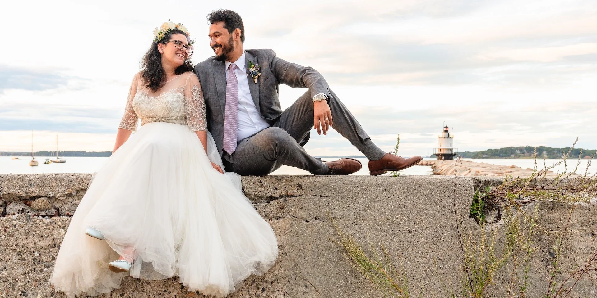 Wedding Album Design - Bride and Groom Portrait at Spring Point Ledge Light in South Portland Maine